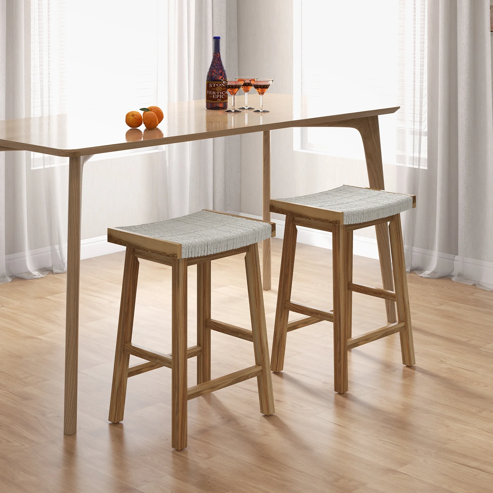 Set Of 2 25.5 Inch Bar Stools, Seaweed Woven Seat, Beige - Image 3