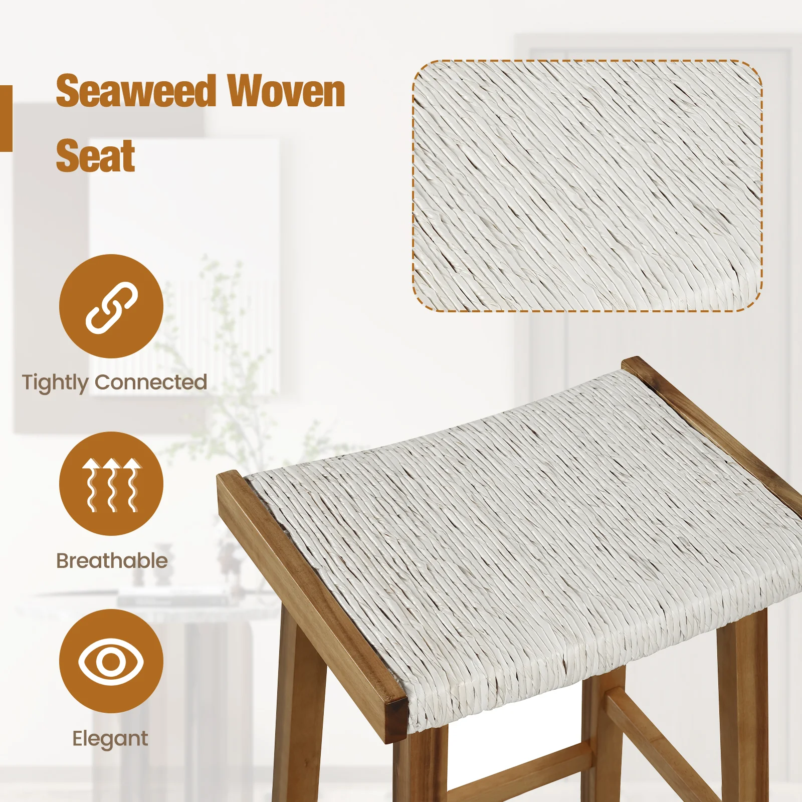 Set Of 2 25.5 Inch Bar Stools, Seaweed Woven Seat, Beige - Image 6