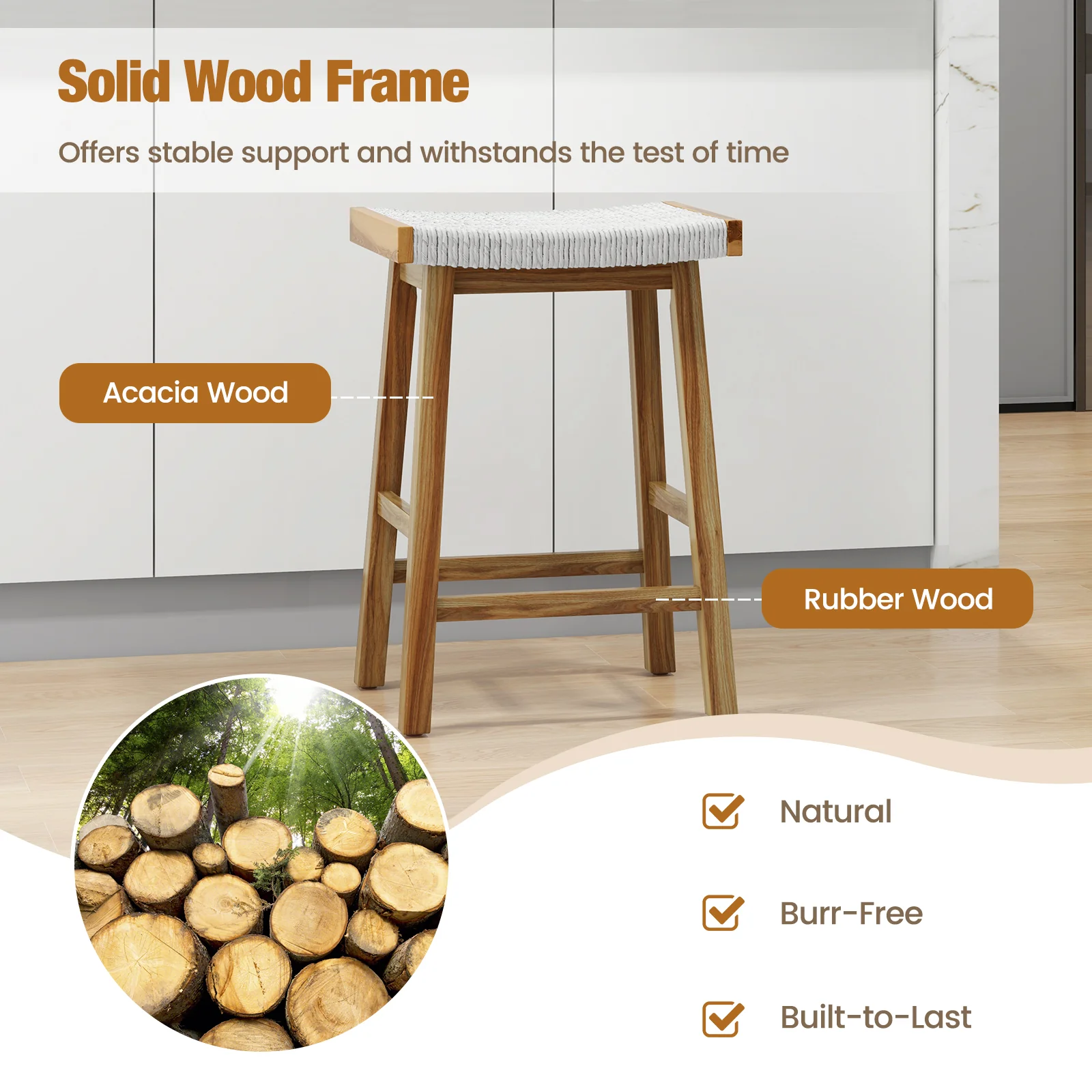 Set Of 2 25.5 Inch Bar Stools, Seaweed Woven Seat, Beige - Image 7