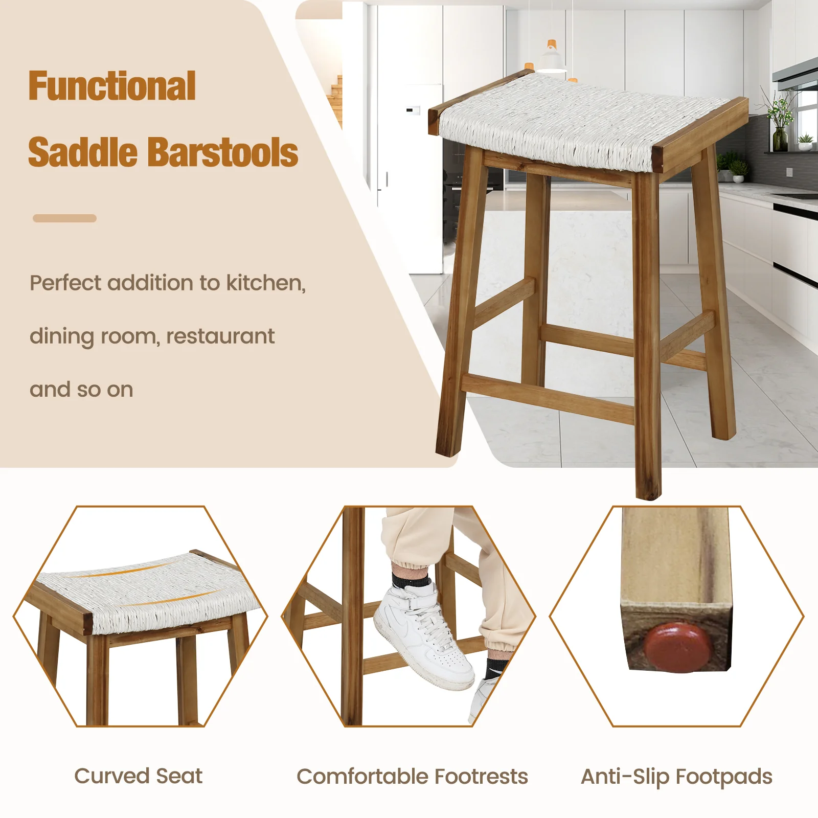 Set Of 2 25.5 Inch Bar Stools, Seaweed Woven Seat, Beige - Image 8