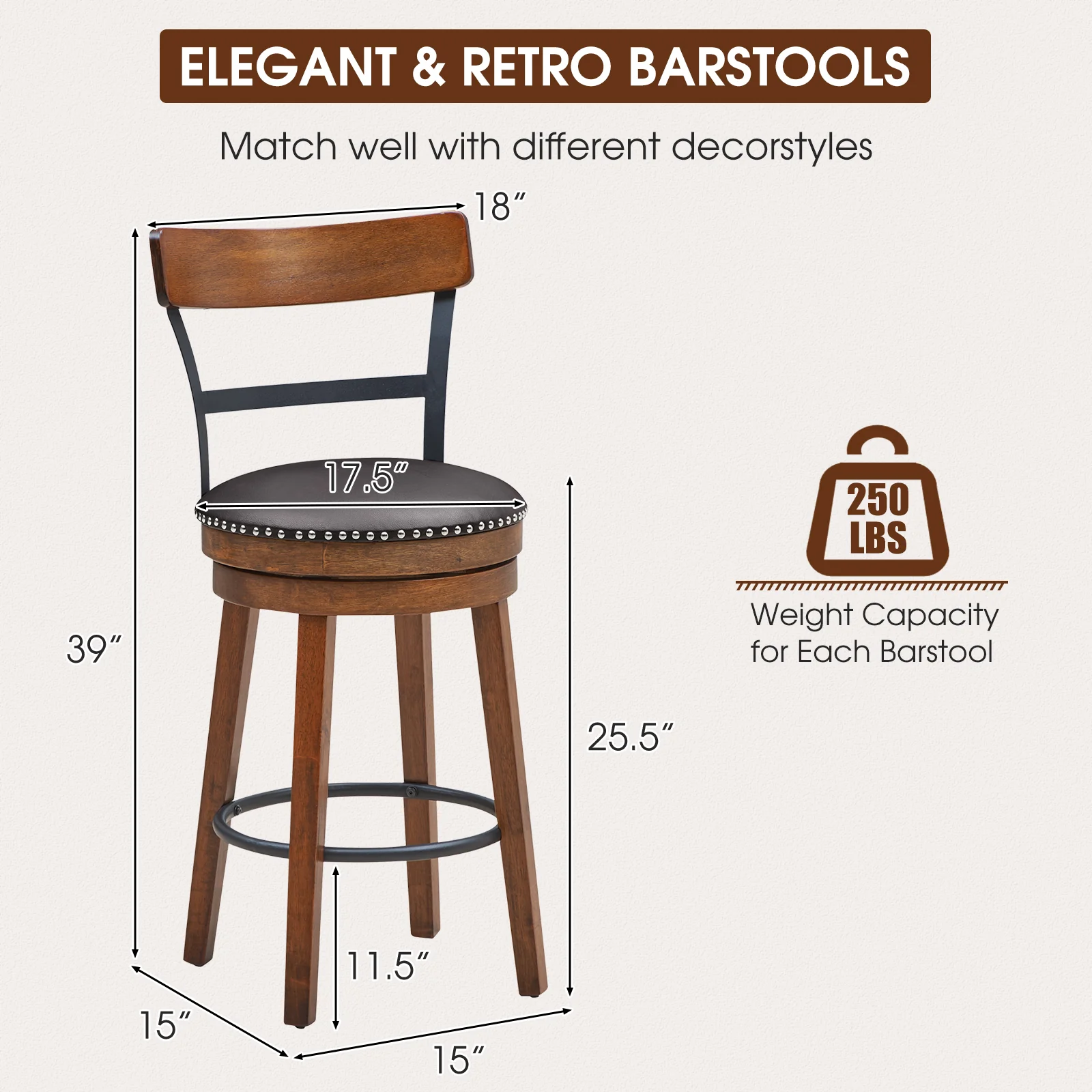 Set Of 2 25.5 Inch Swivel Counter Height Bar Stool, Brown - Image 5
