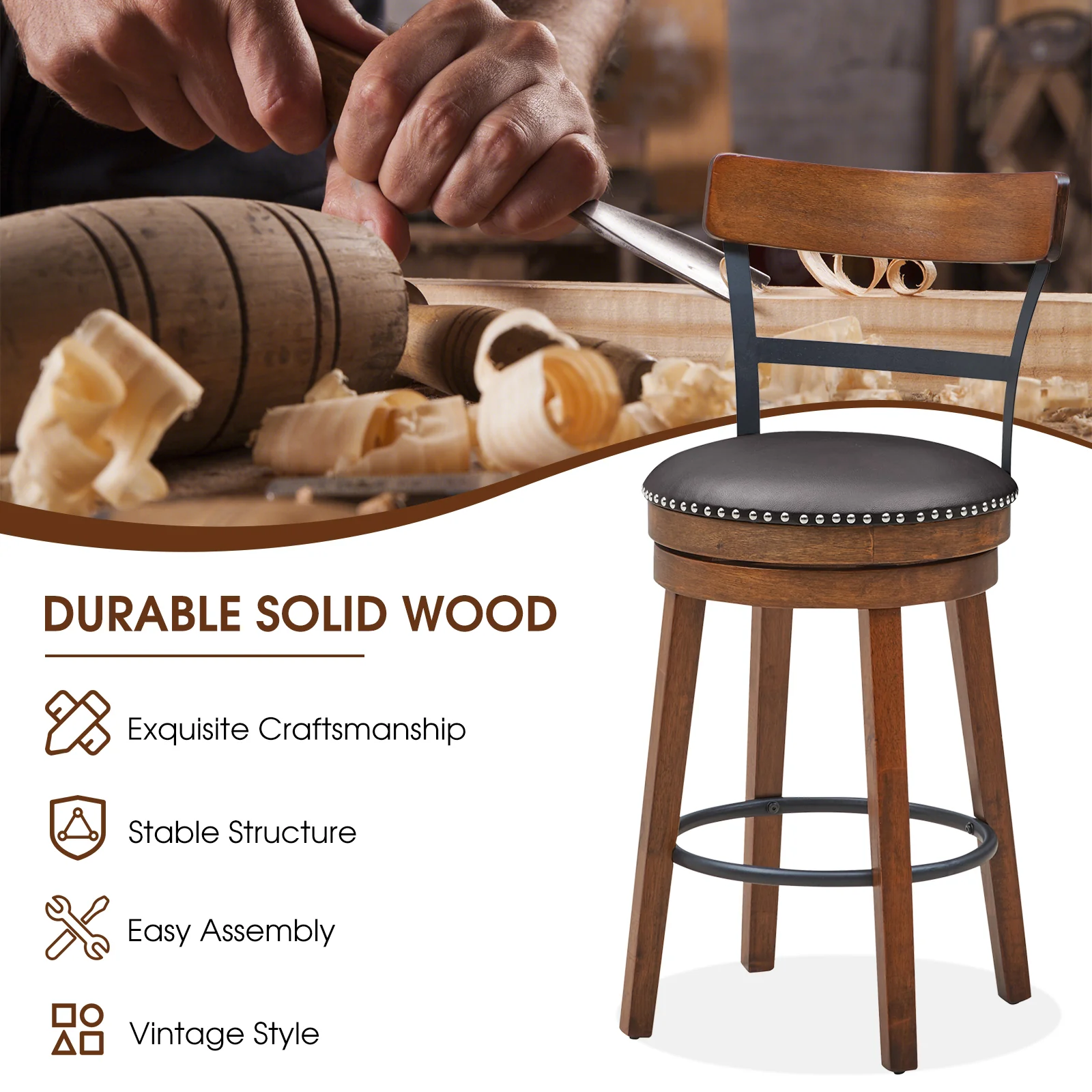 Set Of 2 25.5 Inch Swivel Counter Height Bar Stool, Brown - Image 6
