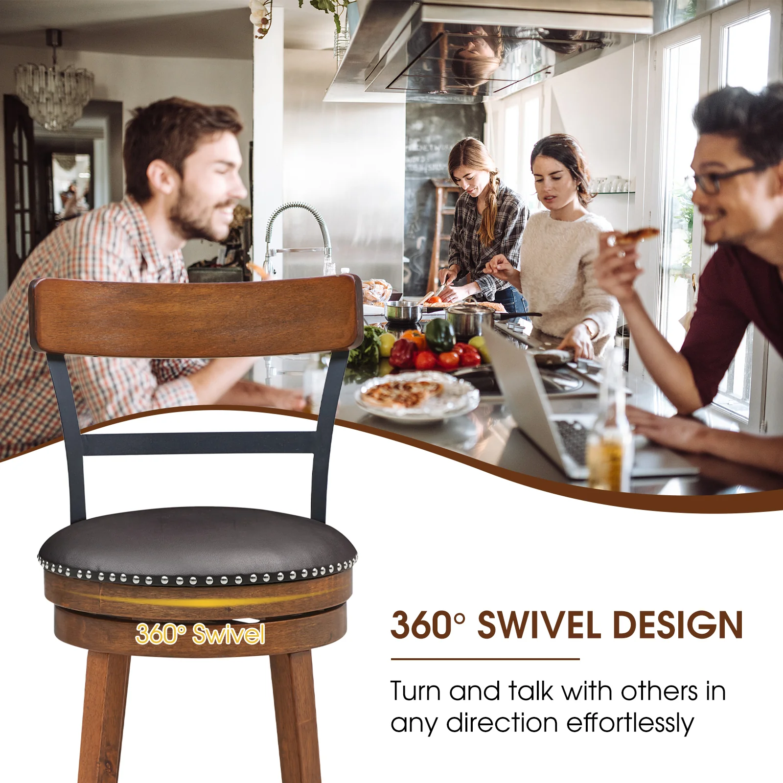 Set Of 2 25.5 Inch Swivel Counter Height Bar Stool, Brown - Image 7