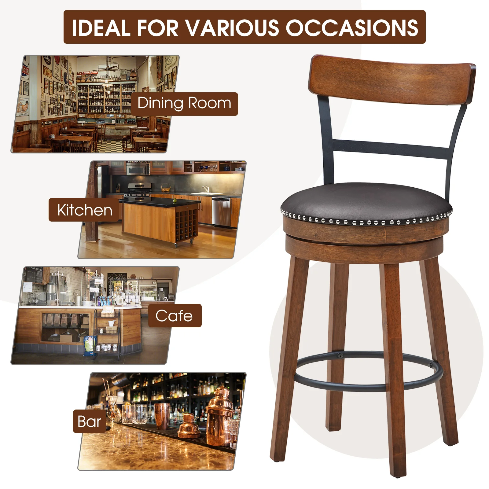 Set Of 2 25.5 Inch Swivel Counter Height Bar Stool, Brown - Image 9