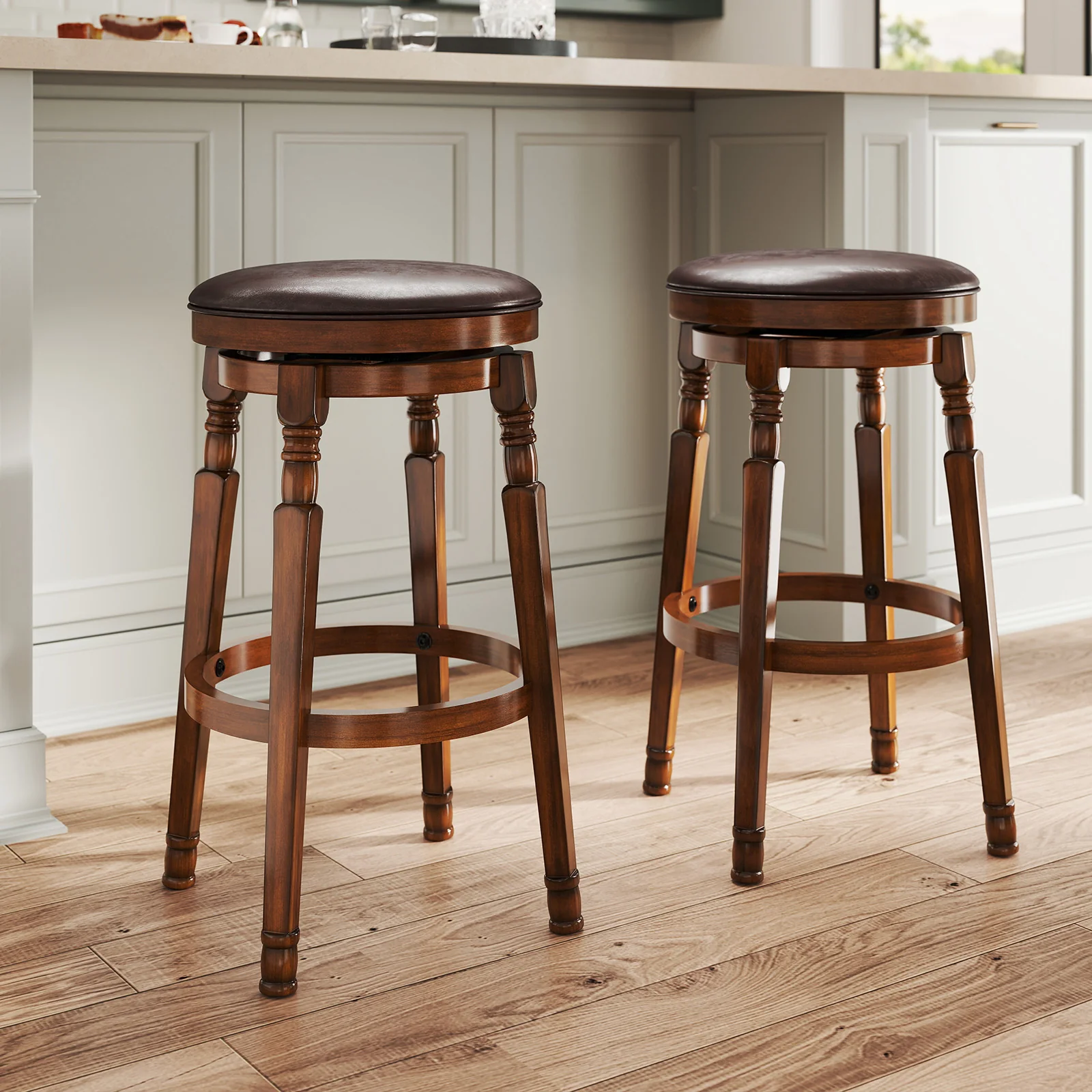 Set Of 2 29-Inch Swivel Leather Padded Dining Bar Stools, Walnut - Image 3
