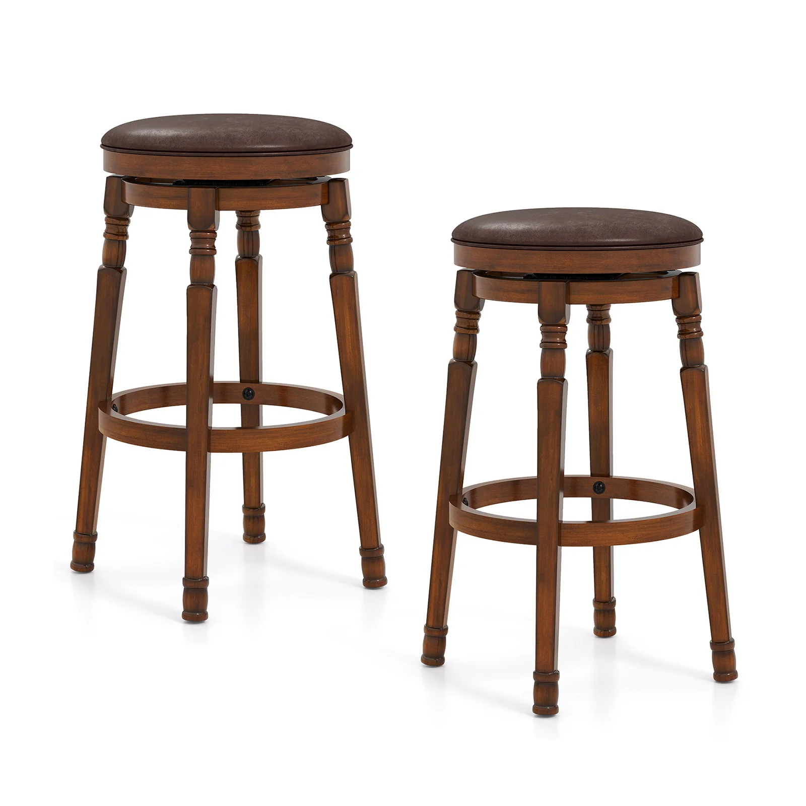 Set Of 2 29-Inch Swivel Leather Padded Dining Bar Stools, Walnut - Image 4