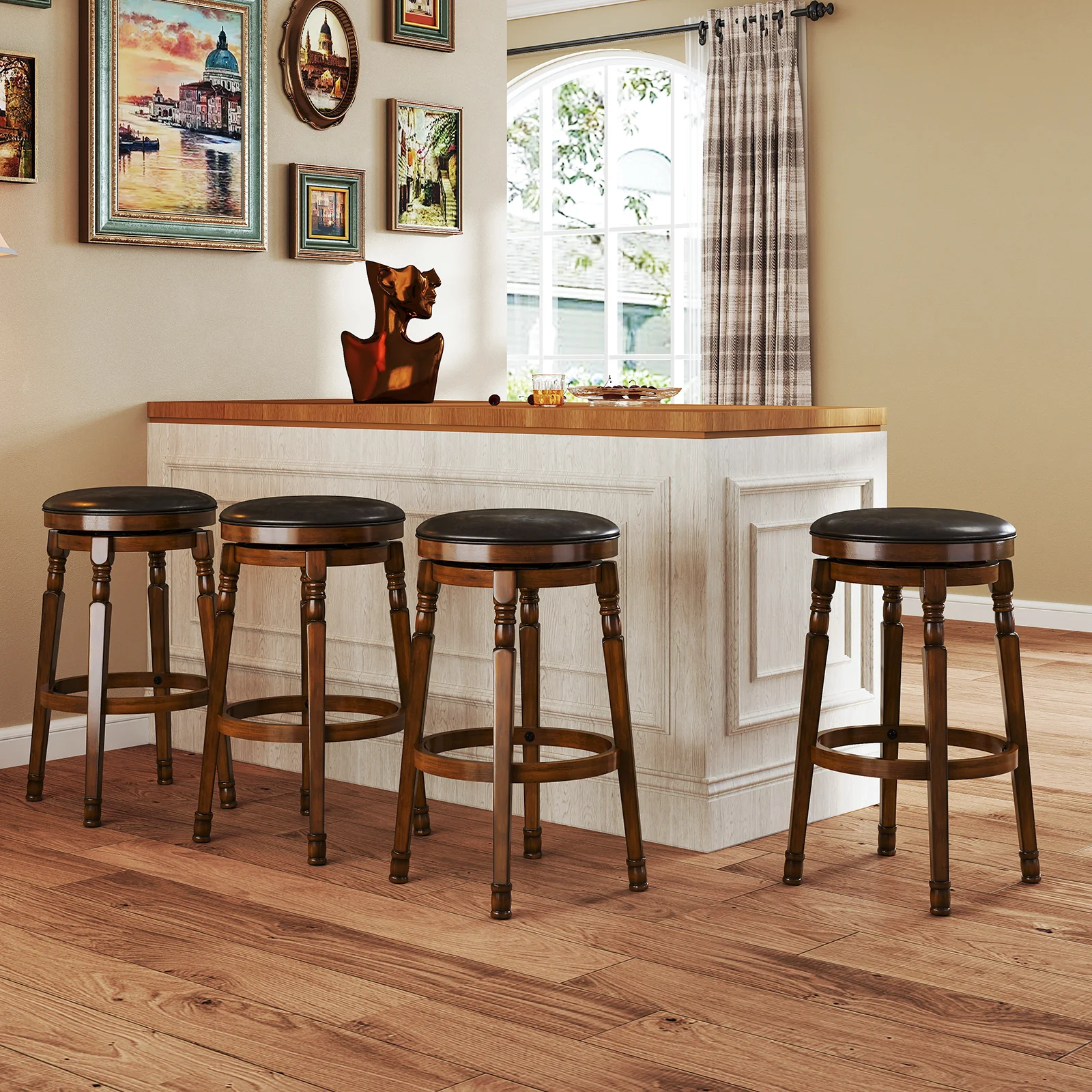Set Of 2 29-Inch Swivel Leather Padded Dining Bar Stools, Walnut - Image 6