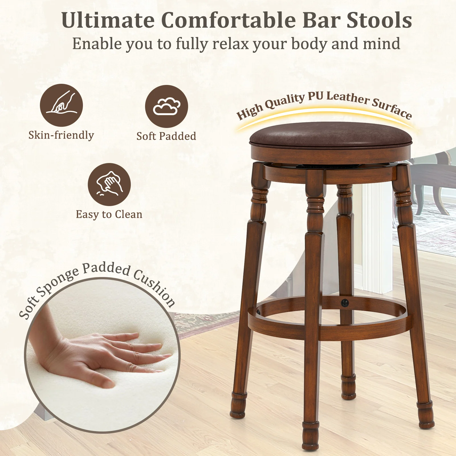 Set Of 2 29-Inch Swivel Leather Padded Dining Bar Stools, Walnut - Image 9