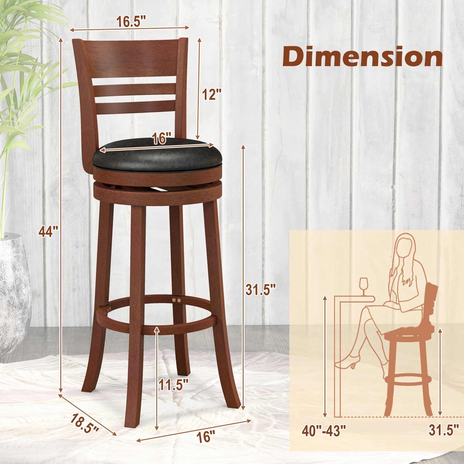Set Of 2 360° Bar Stools, PU Upholstered Seats, Brown - Image 5