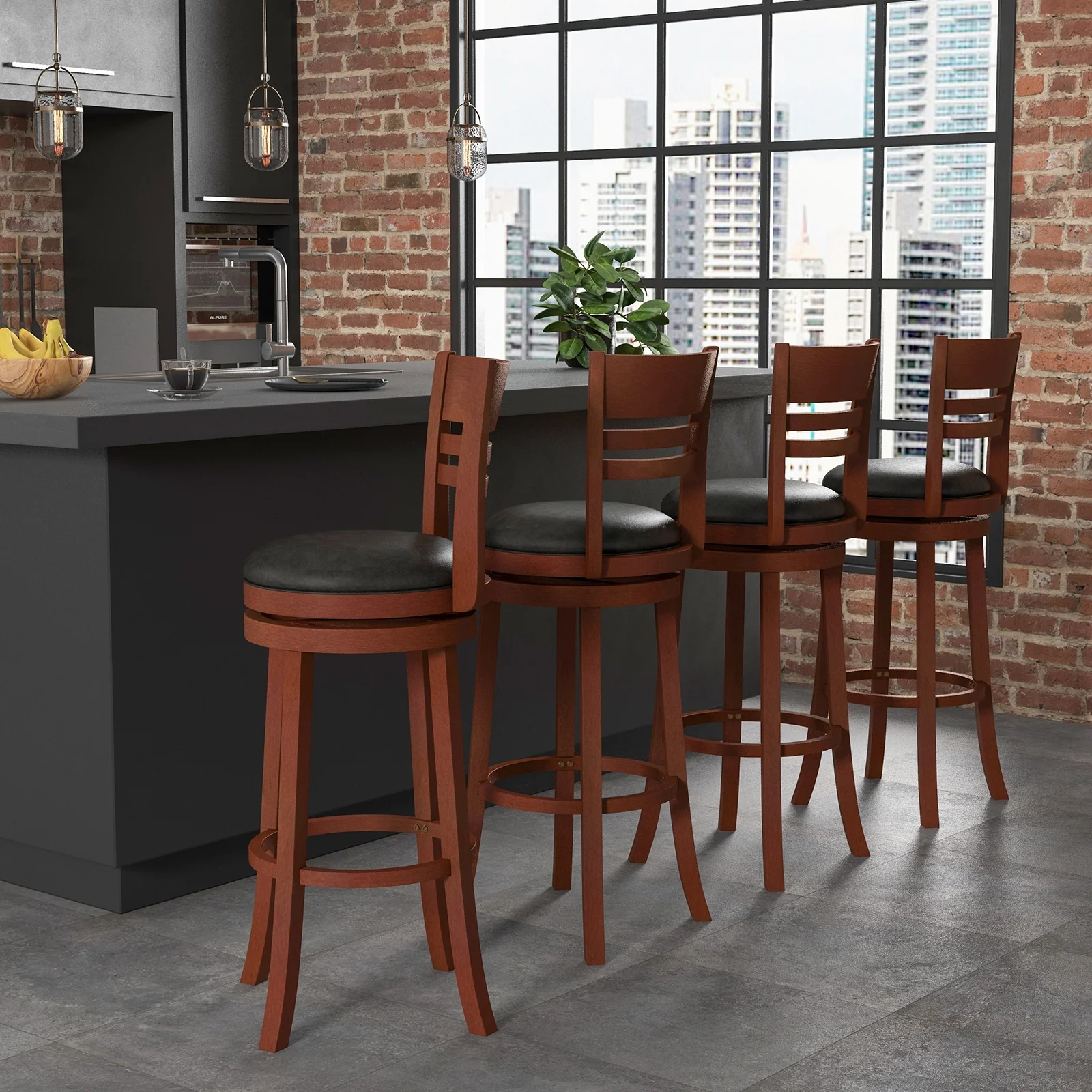 Set Of 2 360° Bar Stools, PU Upholstered Seats, Brown - Image 6