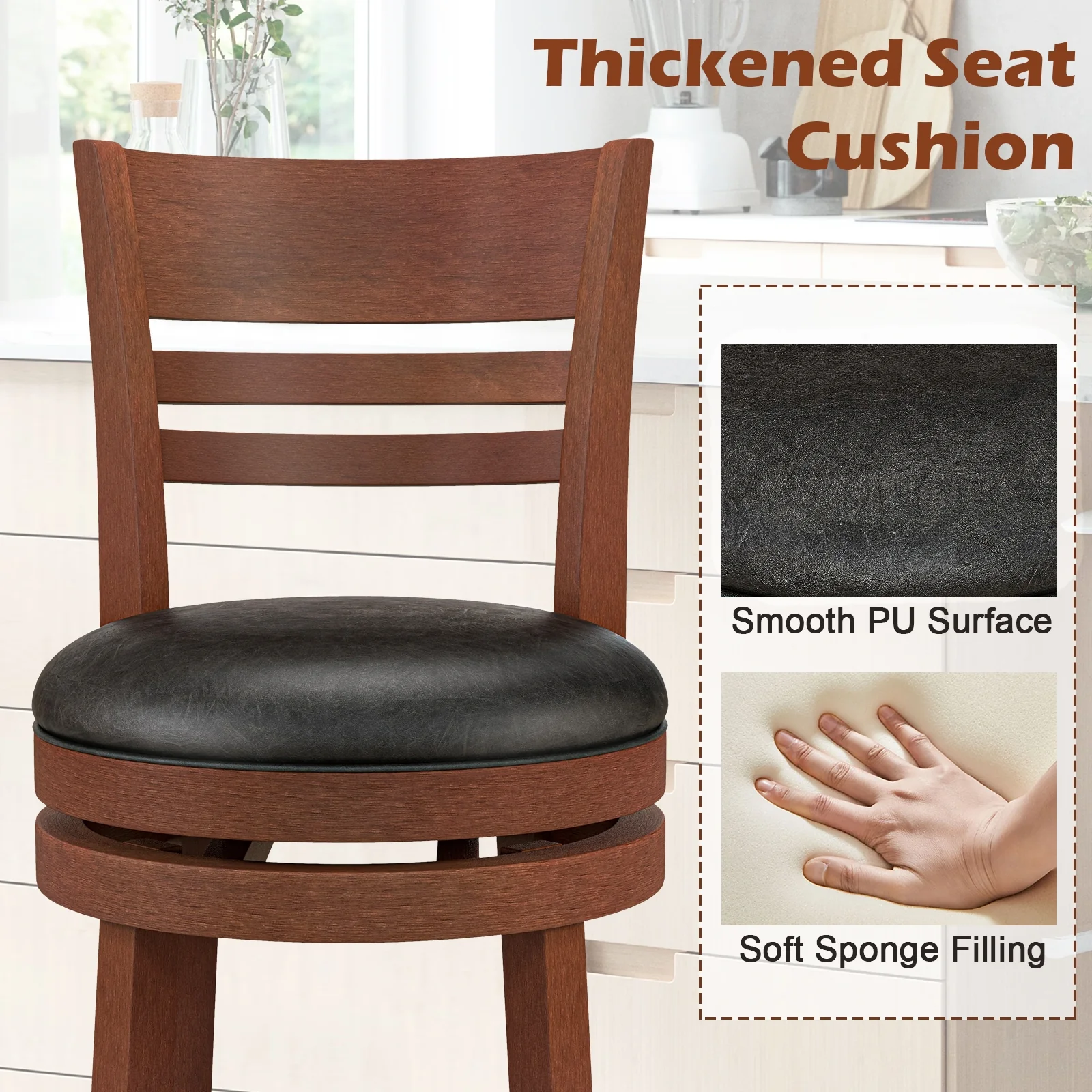 Set Of 2 360° Bar Stools, PU Upholstered Seats, Brown - Image 7