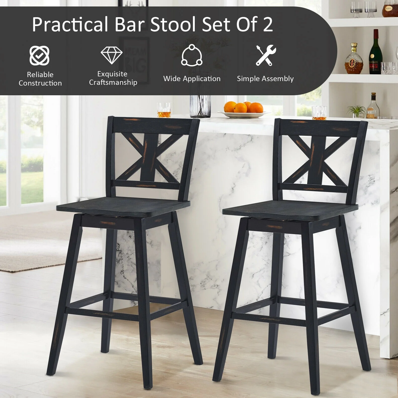 Set Of 2 360-Degree Swivel Bar Stools, Black - Image 6