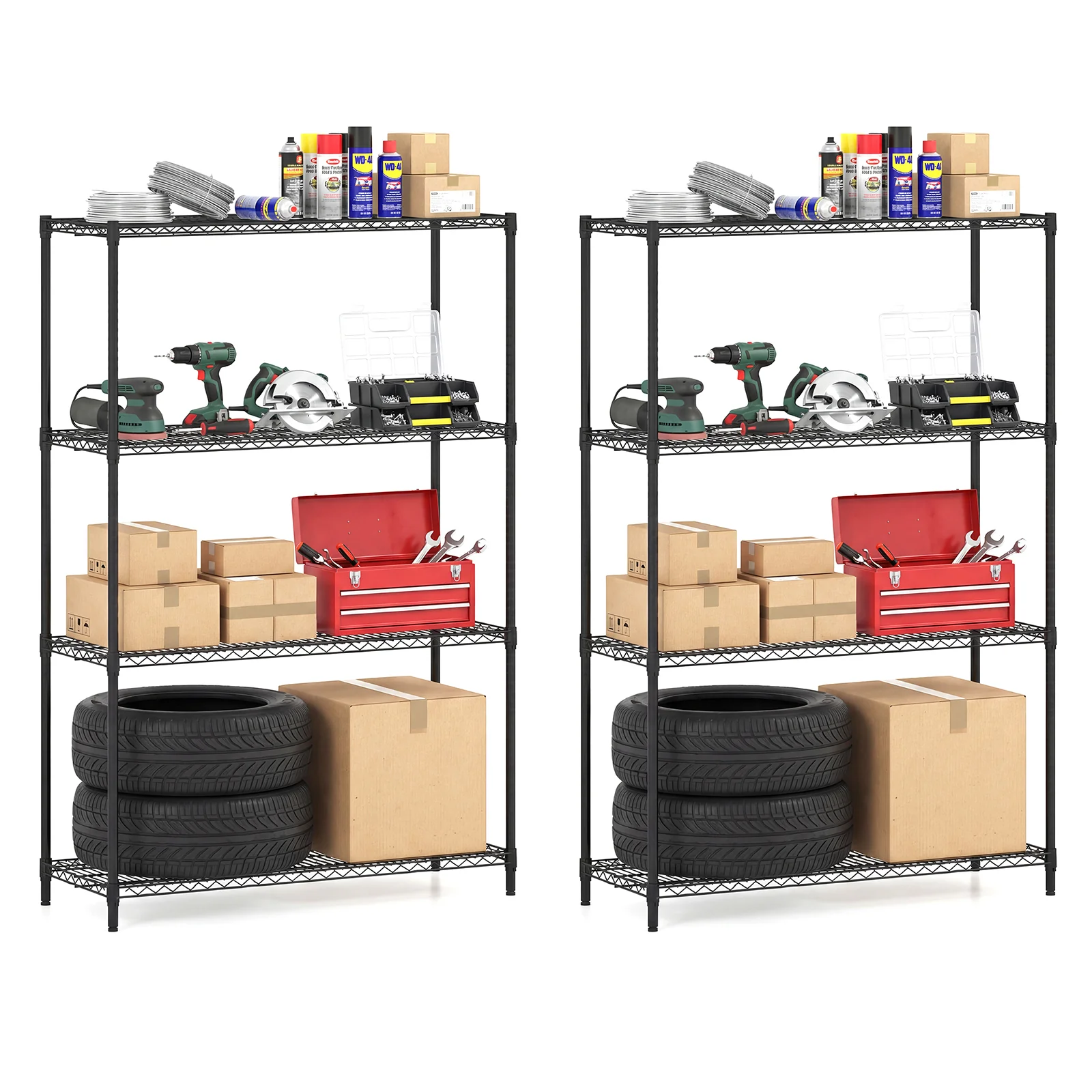 Set of 2 4-Tier Metal Storage Shelving Unit with V-Shaped Wire Rack, Black
