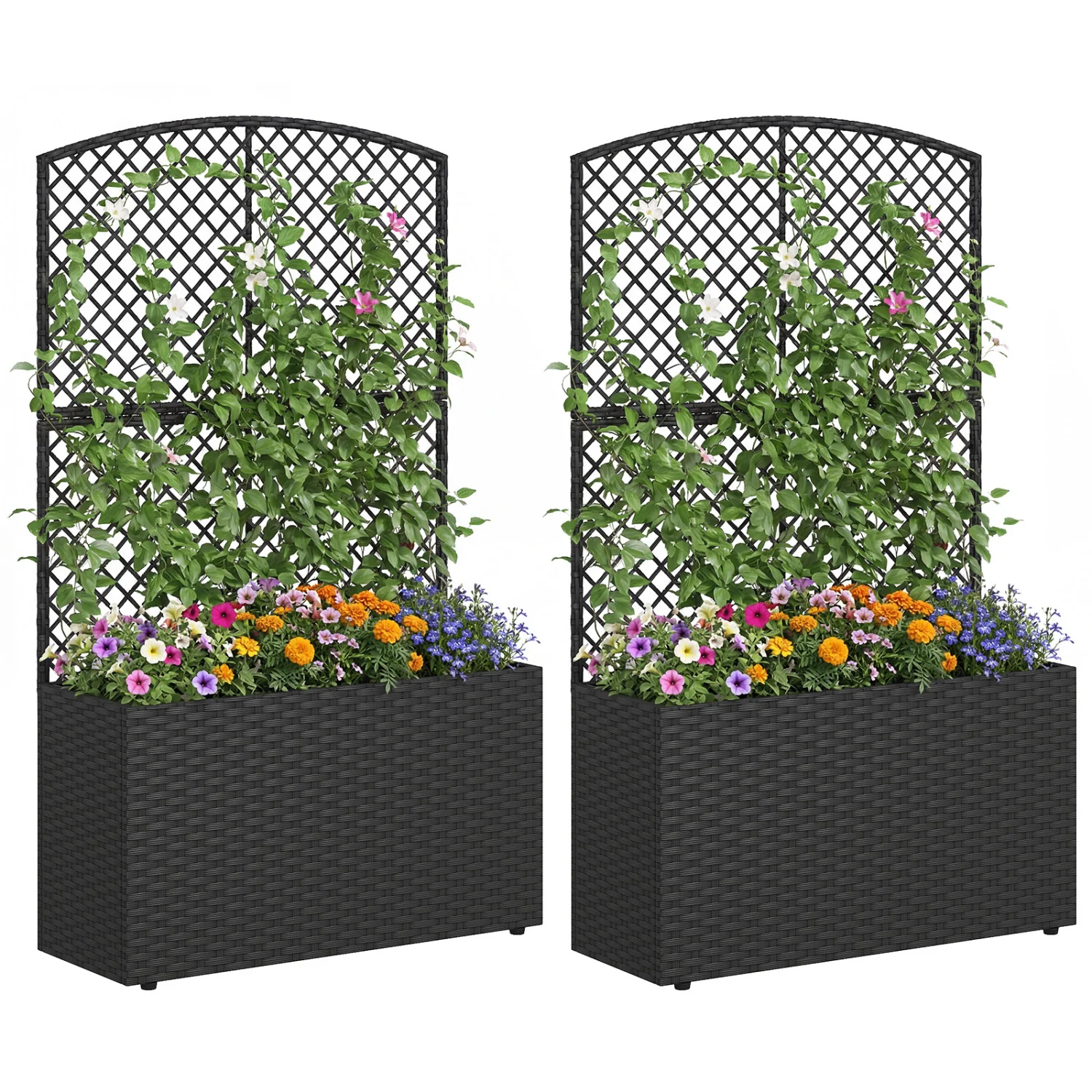 Set Of 2 49 Inch Raised Garden Bed, Trellis, Wicker Planter Box, Black
