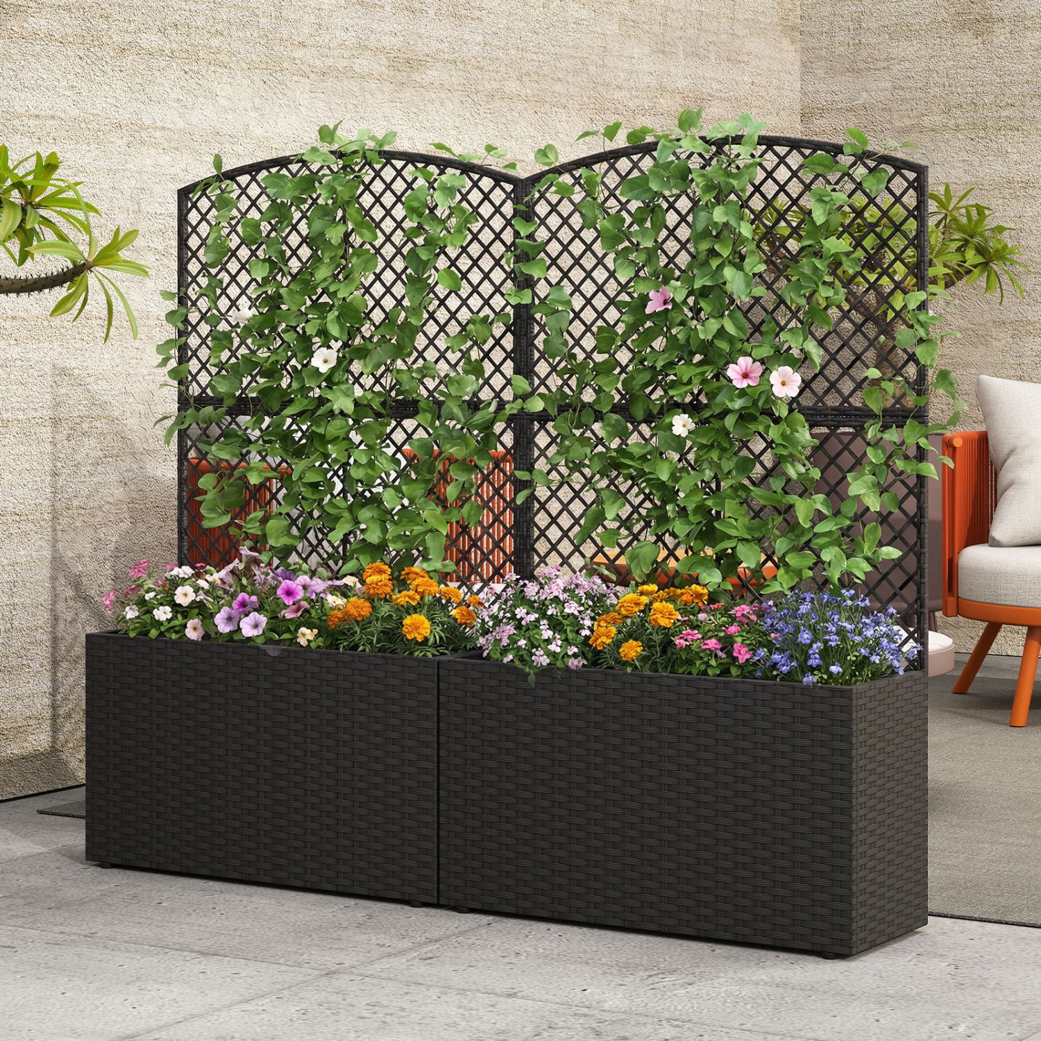 Set Of 2 49 Inch Raised Garden Bed, Trellis, Wicker Planter Box, Black - Image 2