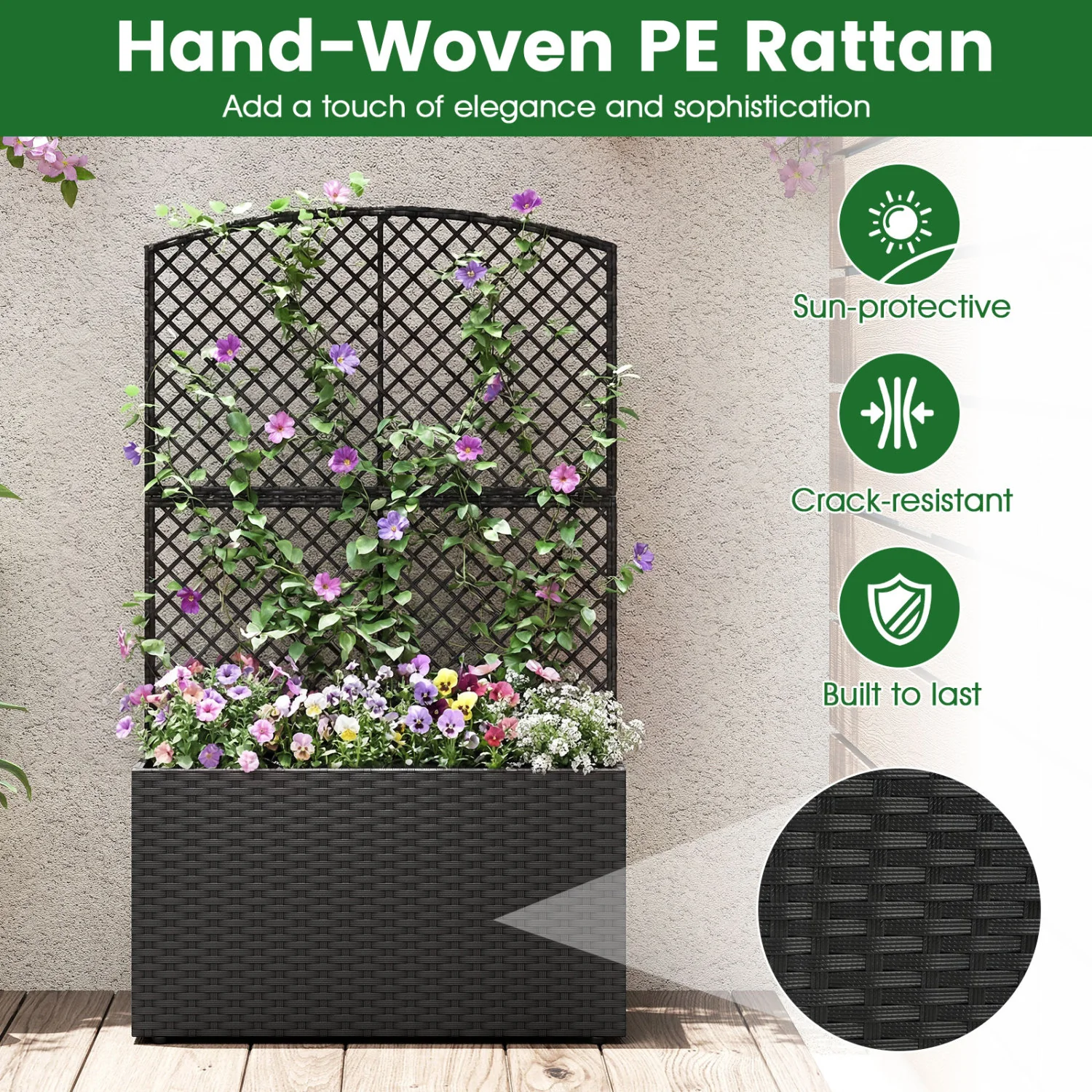 Set Of 2 49 Inch Raised Garden Bed, Trellis, Wicker Planter Box, Black - Image 5