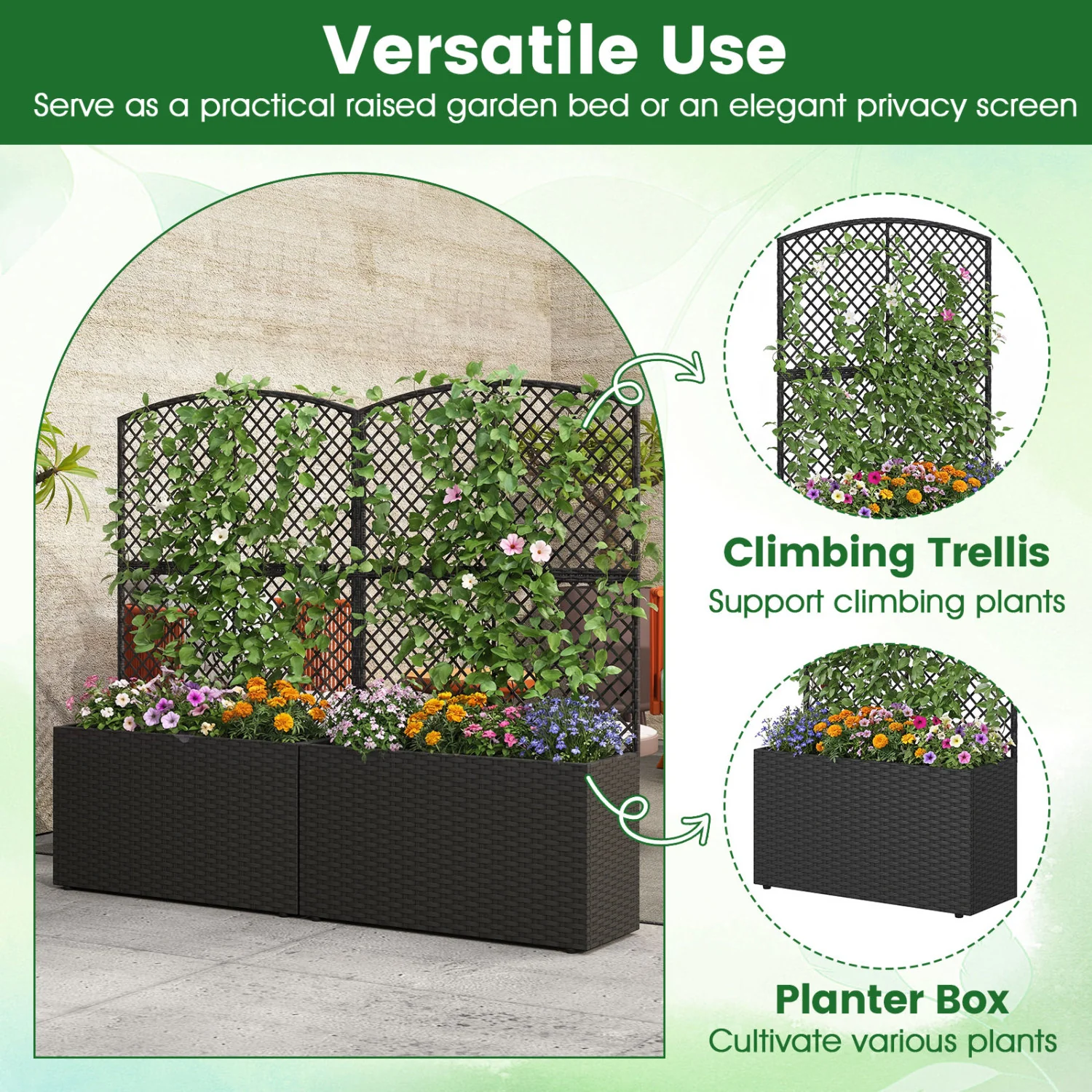 Set Of 2 49 Inch Raised Garden Bed, Trellis, Wicker Planter Box, Black - Image 7