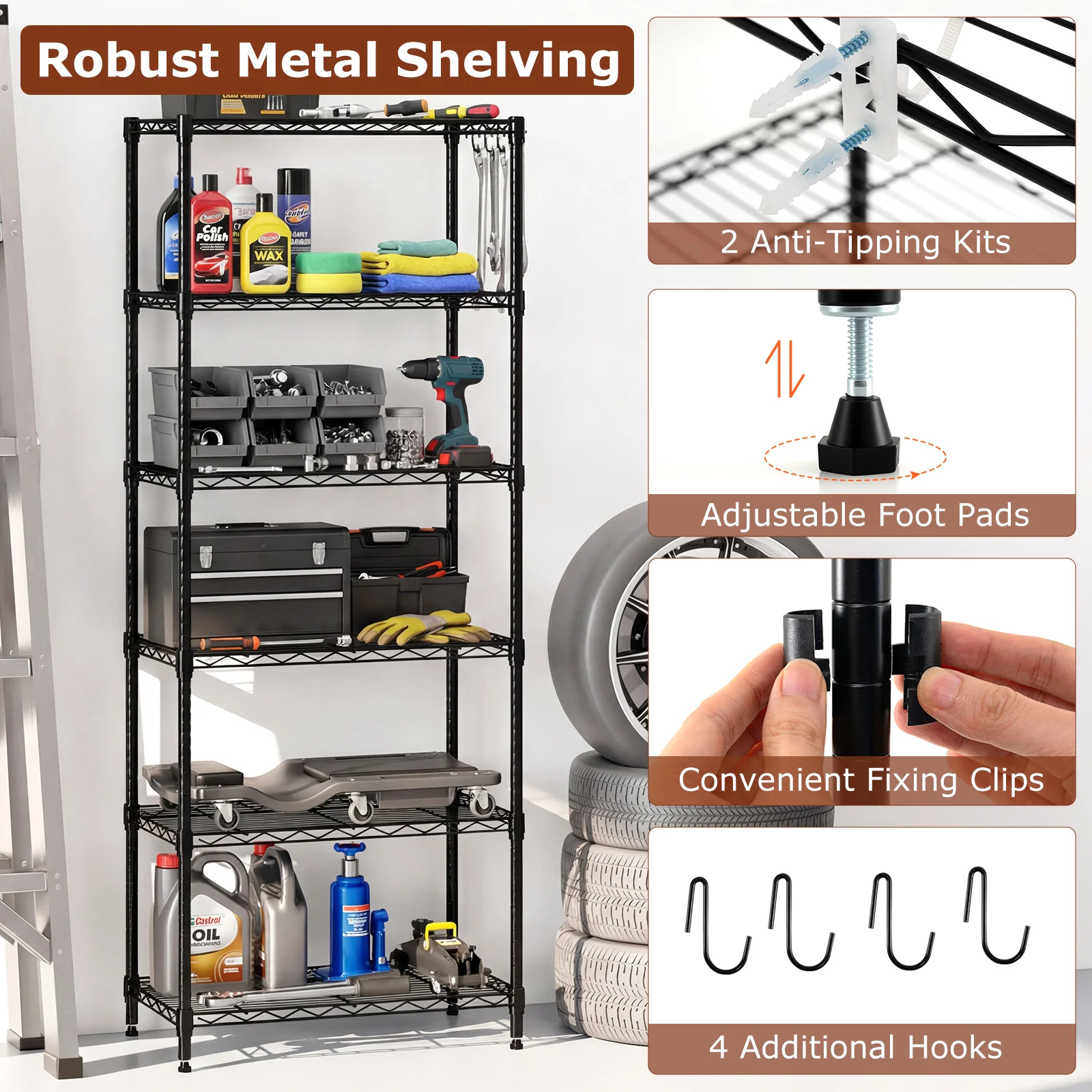 Set of 2 6-Tier Metal Storage Shelving Unit with V-Shaped Wire Rack and 900 LBS Capacity, Black - Image 9