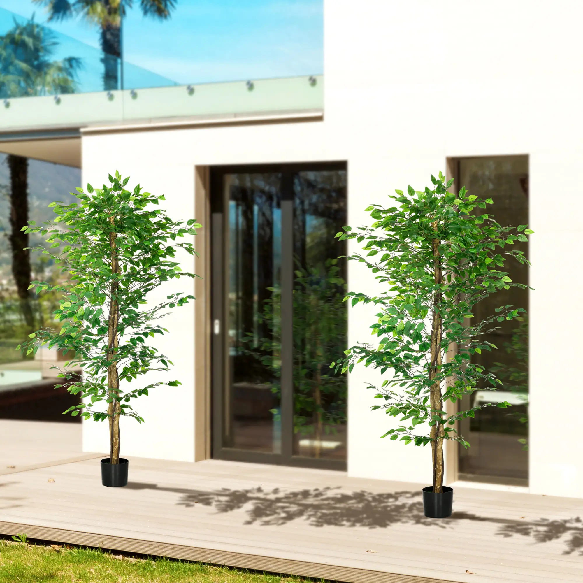 Set of 2 6ft Artificial Ficus Trees, Indoor Fake Plants with Pot - Image 2