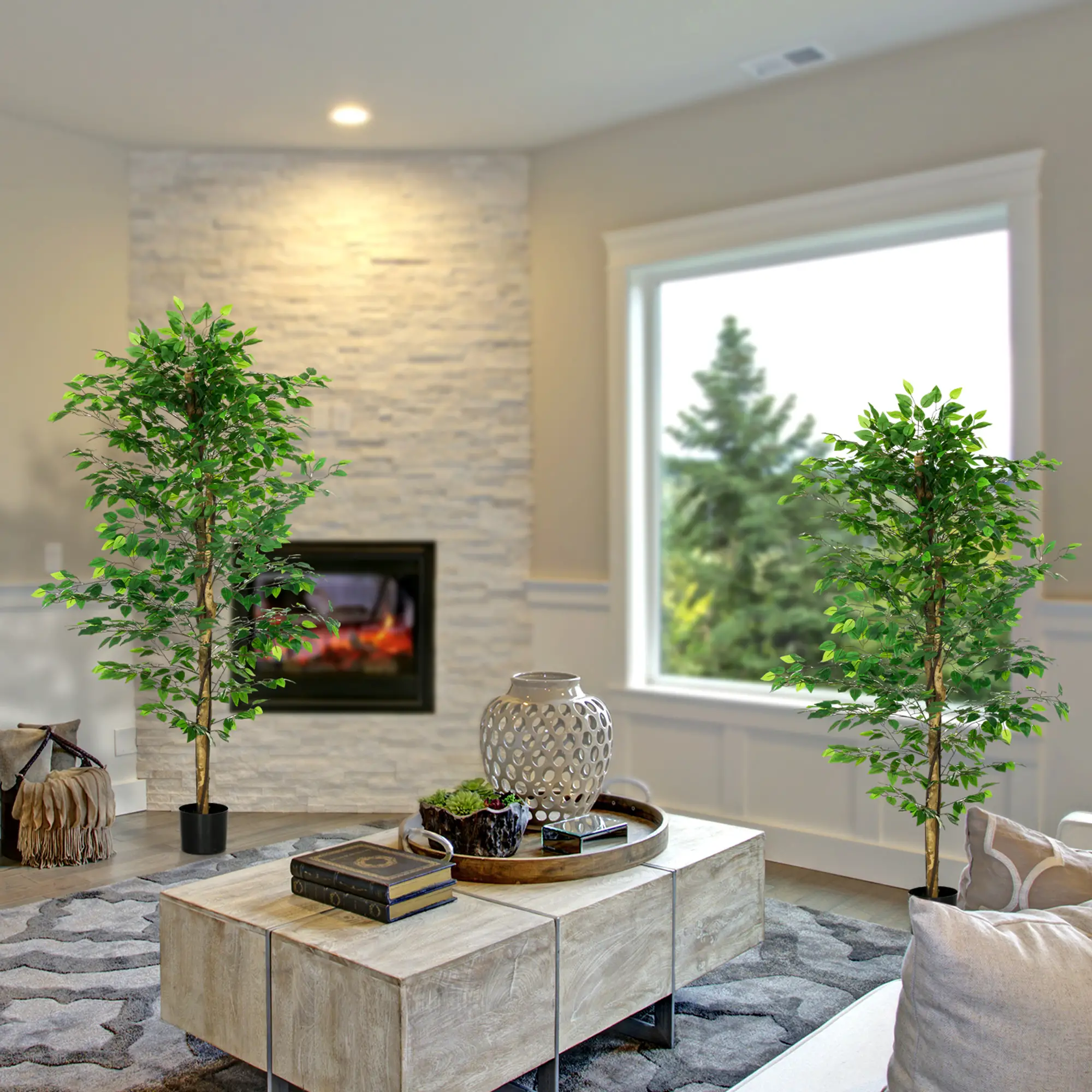 Set of 2 6ft Artificial Ficus Trees, Indoor Fake Plants with Pot - Image 4