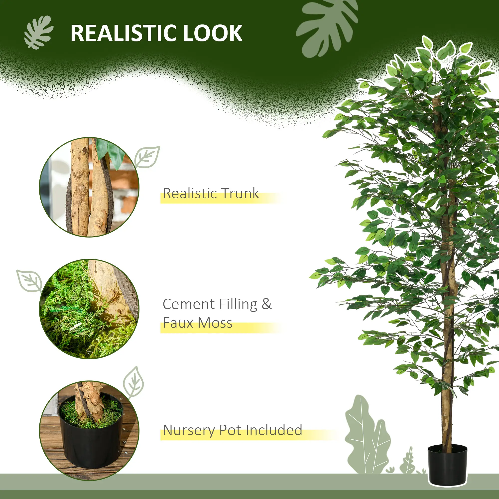 Set of 2 6ft Artificial Ficus Trees, Indoor Fake Plants with Pot - Image 5