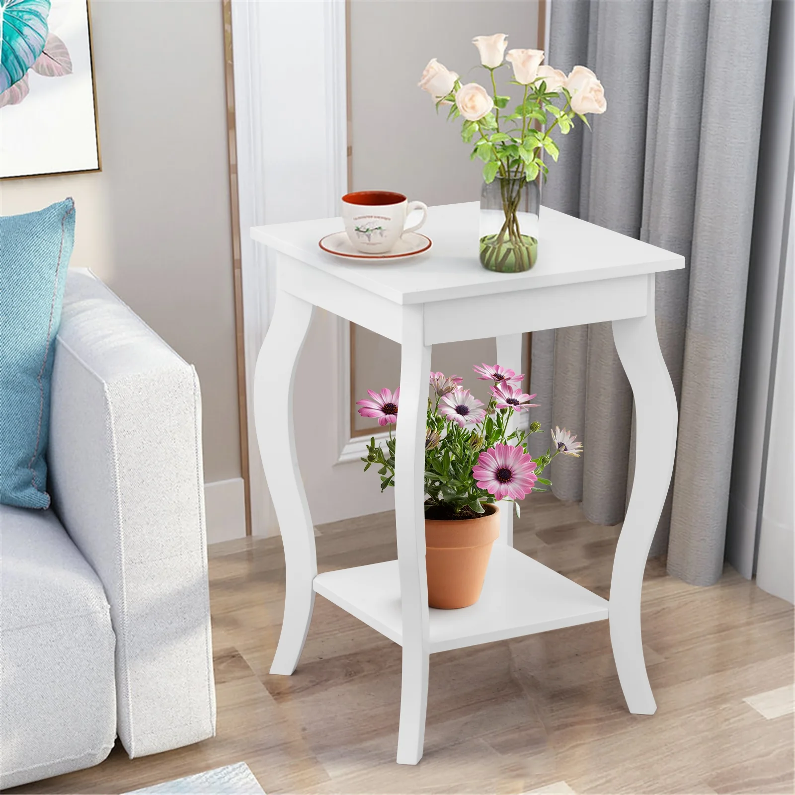 Set of 2 Accent Side Tables with Shelf, White - Image 7
