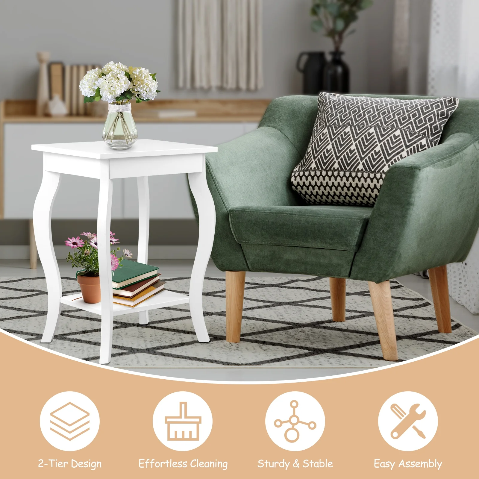 Set of 2 Accent Side Tables with Shelf, White - Image 9