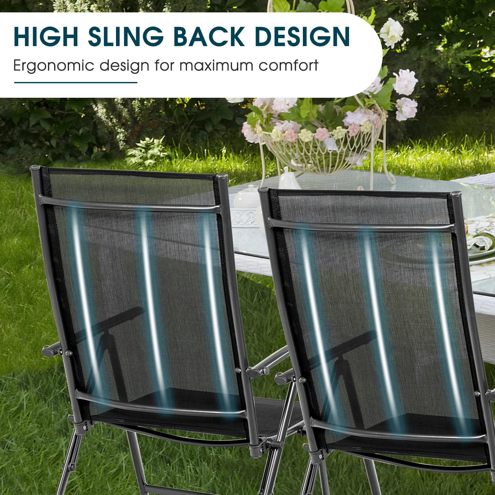Set Of 2 Adjustable Portable Patio Folding Dining Chair Recliners, Black - Image 7