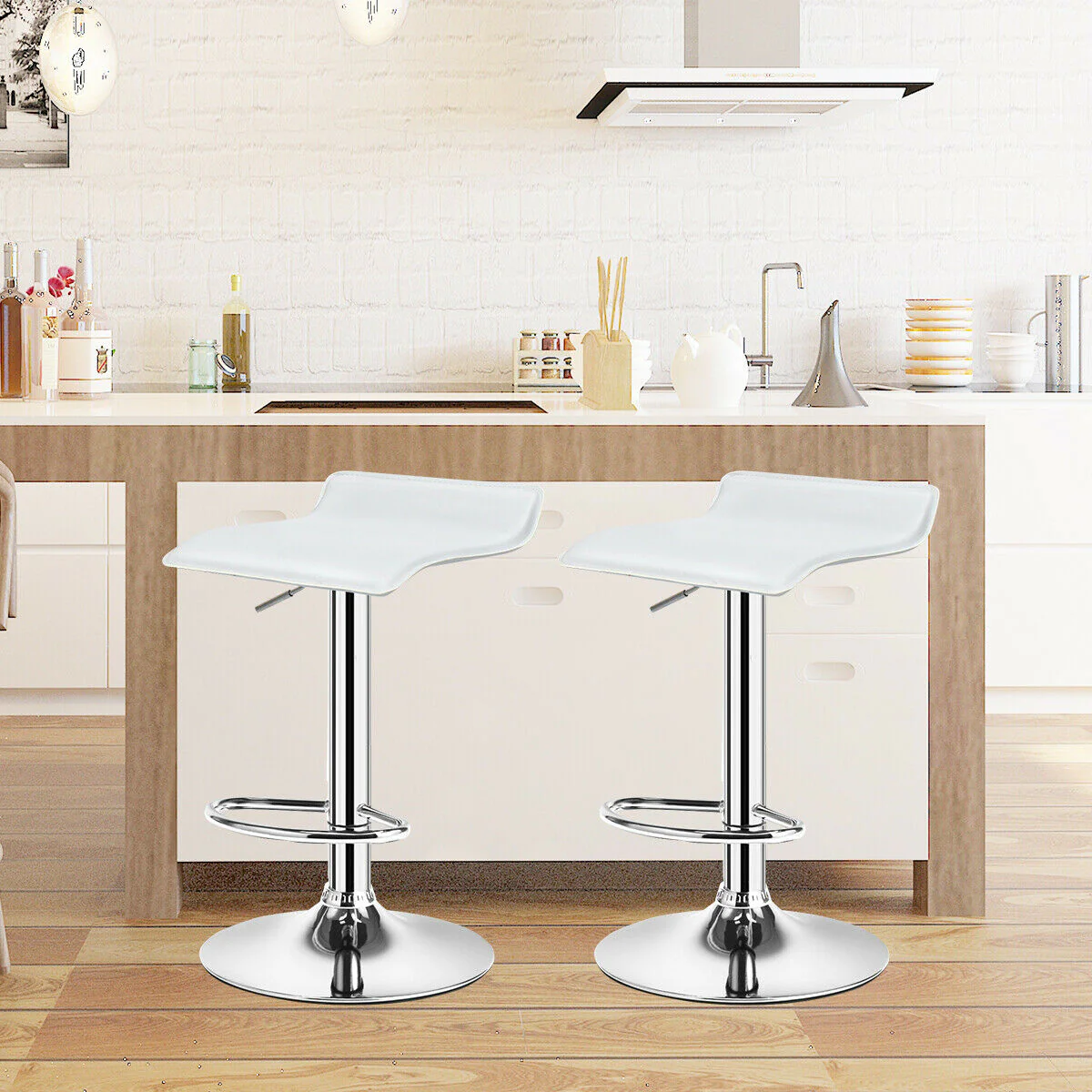 Set Of 2 Adjustable PU Leather Backless Bar Stools, White - Image 3
