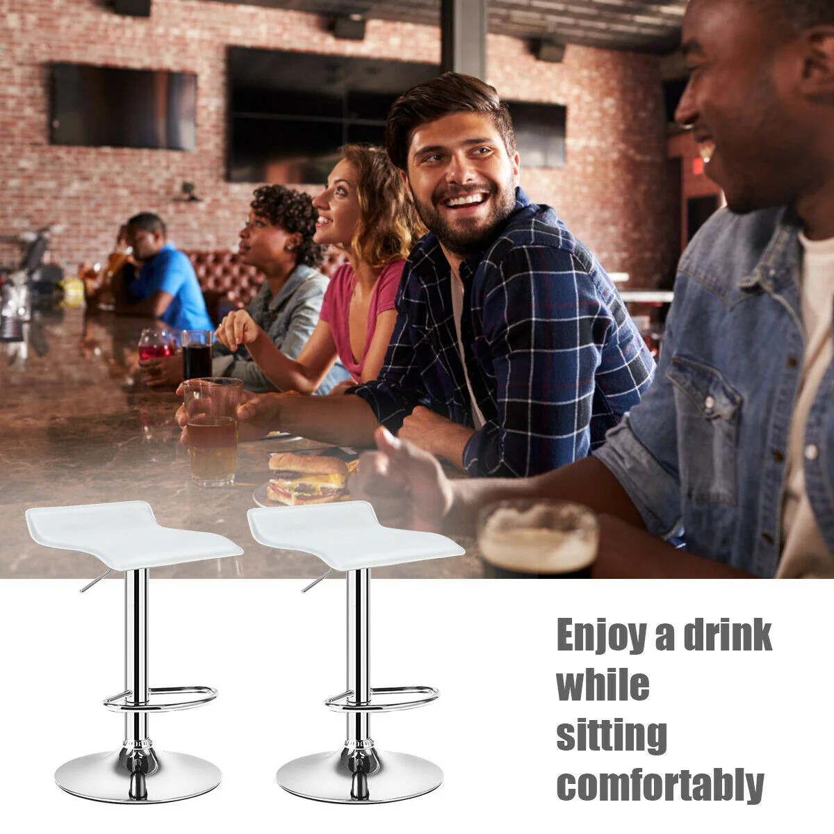 Set Of 2 Adjustable PU Leather Backless Bar Stools, White - Image 7