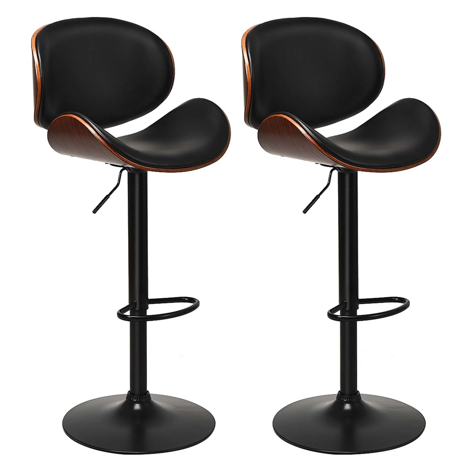 Set of 2 Adjustable Swivel PU Leather Bar Stools with Curved Footrest, Brown