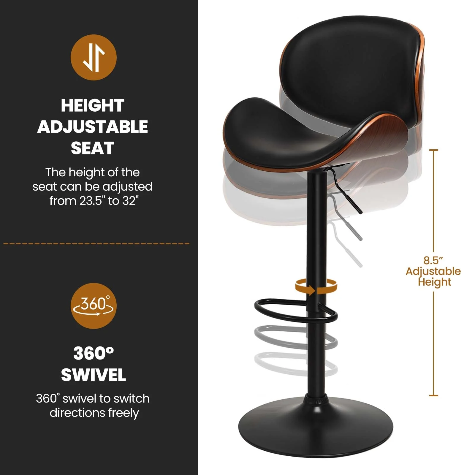 Set of 2 Adjustable Swivel PU Leather Bar Stools with Curved Footrest, Brown - Image 10