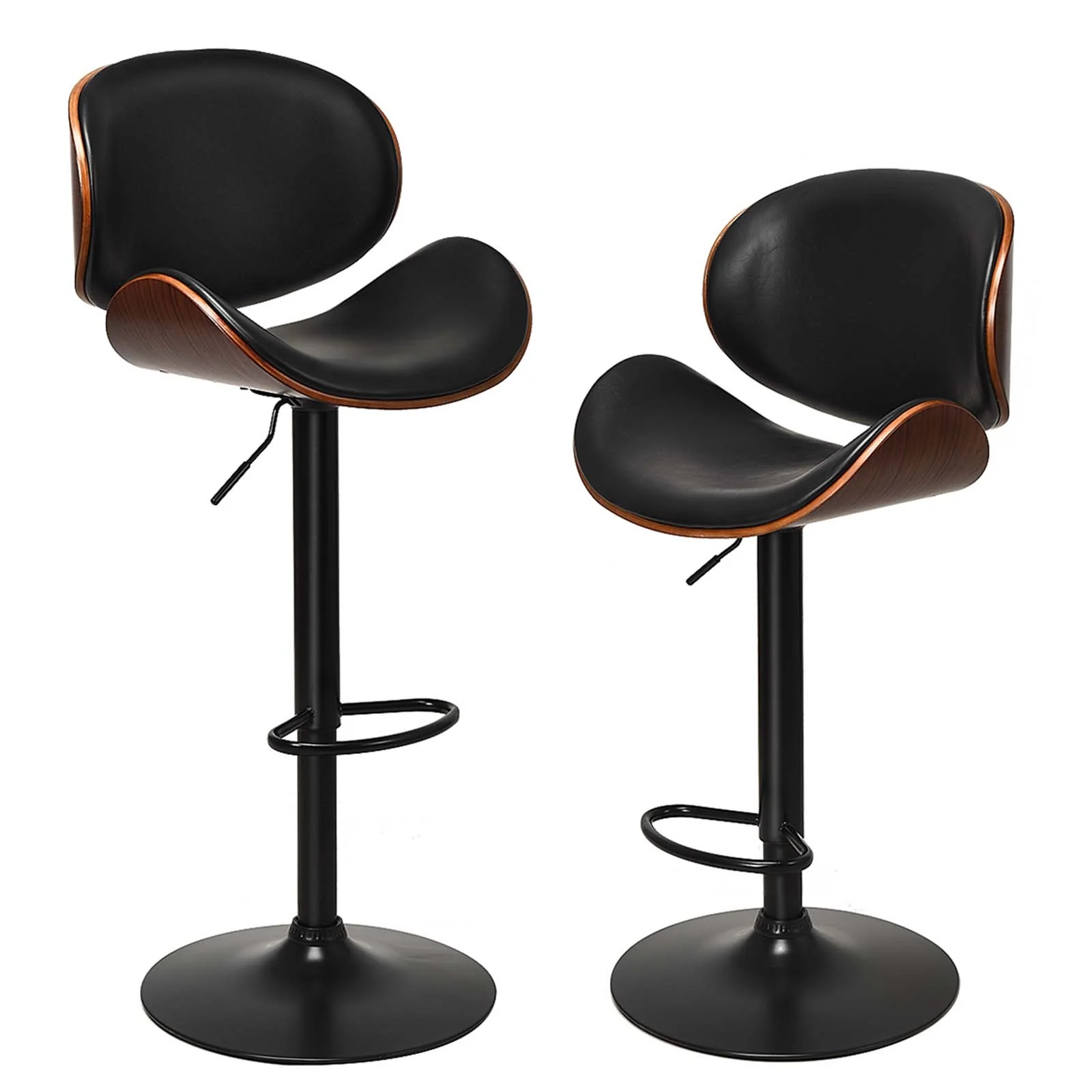 Set of 2 Adjustable Swivel PU Leather Bar Stools with Curved Footrest, Brown - Image 5