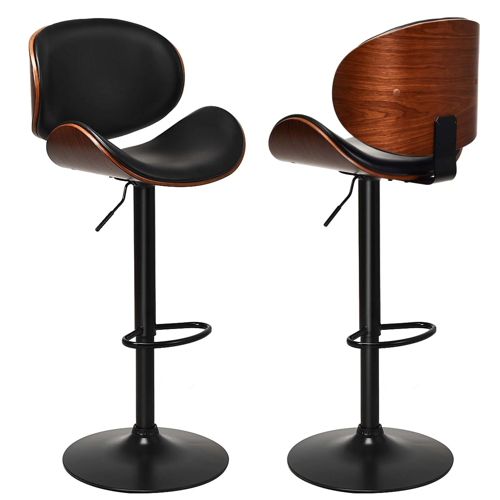 Set of 2 Adjustable Swivel PU Leather Bar Stools with Curved Footrest, Brown - Image 7