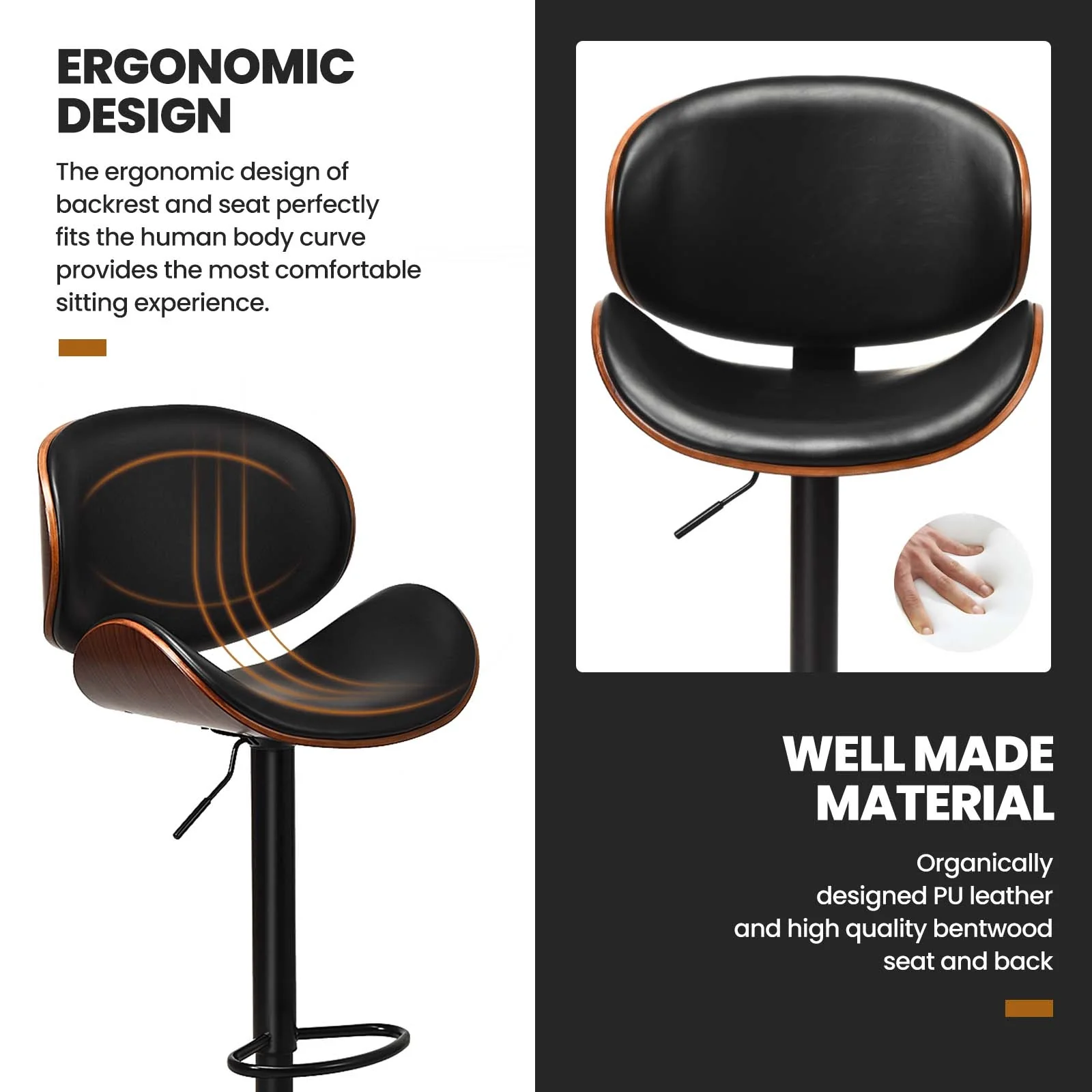 Set of 2 Adjustable Swivel PU Leather Bar Stools with Curved Footrest, Brown - Image 8