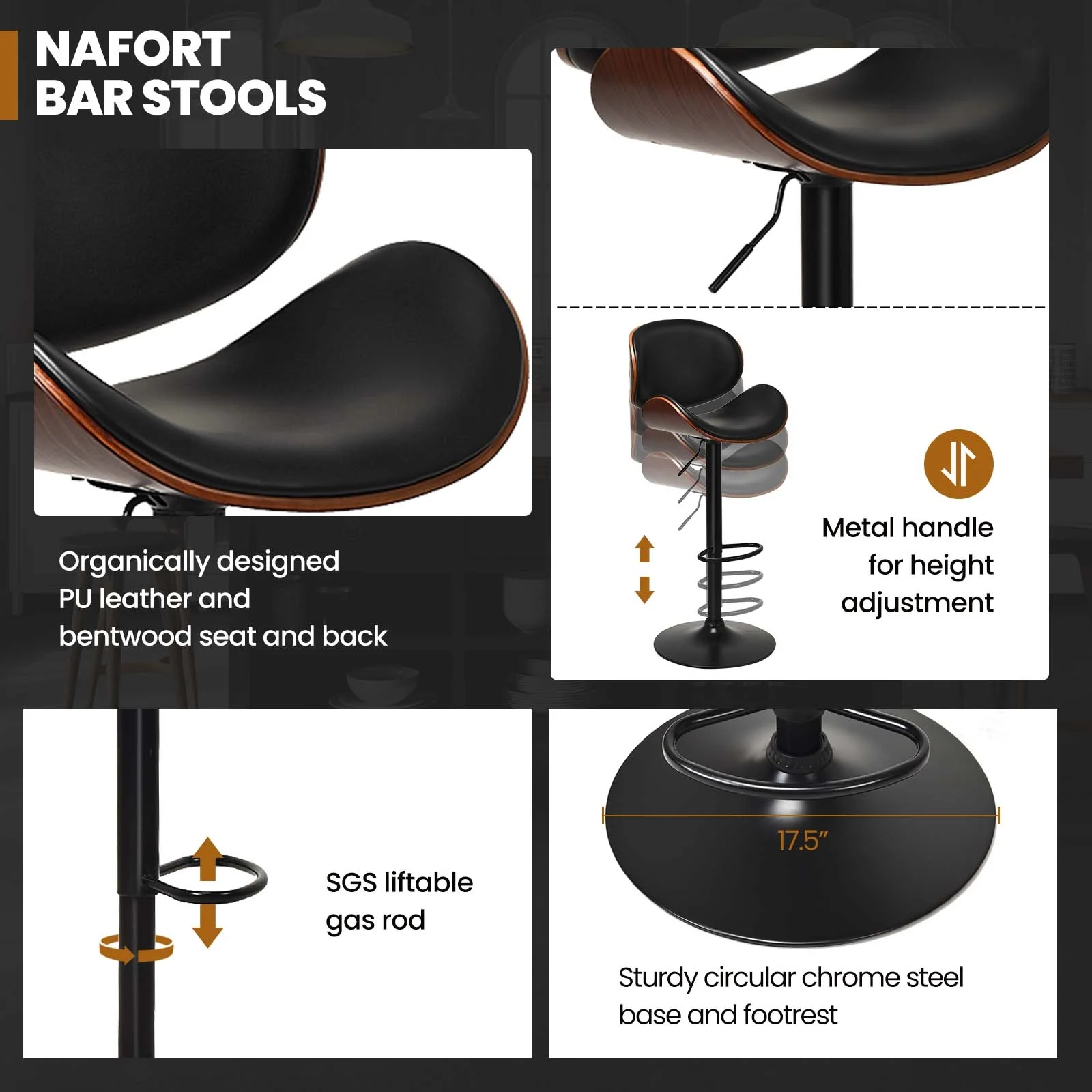 Set of 2 Adjustable Swivel PU Leather Bar Stools with Curved Footrest, Brown - Image 9