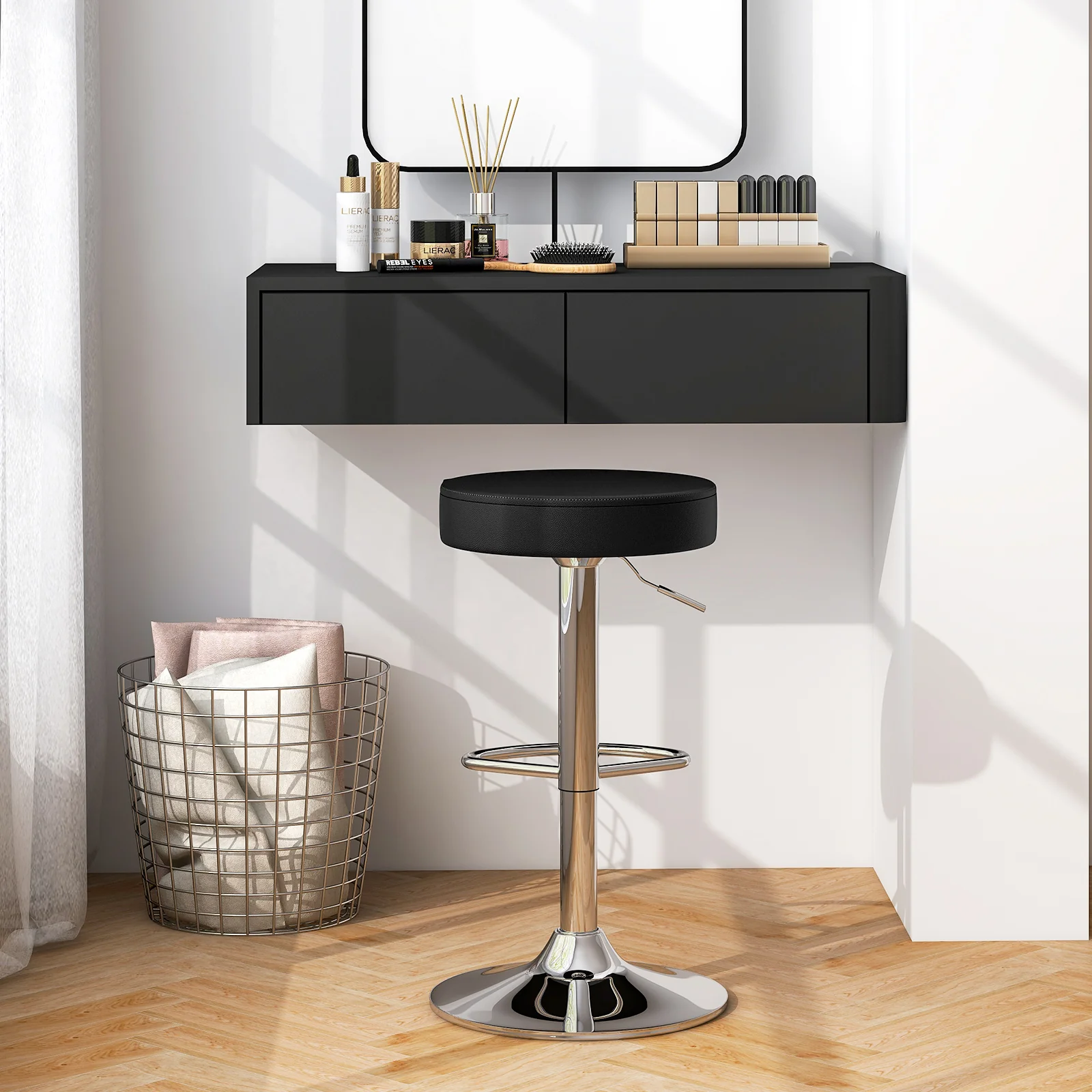 Set of 2 Adjustable Swivel Round Bar Stools, Black - Image 3