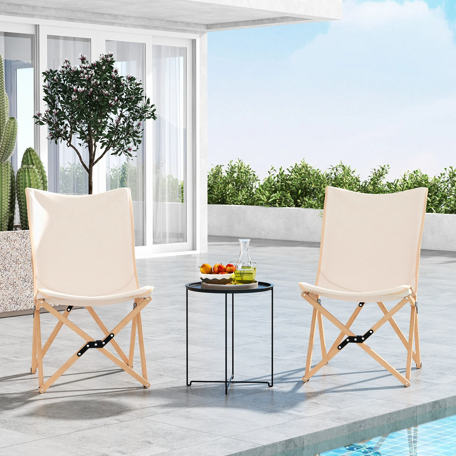 Set Of 2 Bamboo Dorm Chair With Storage Pocket, Beige - Image 2