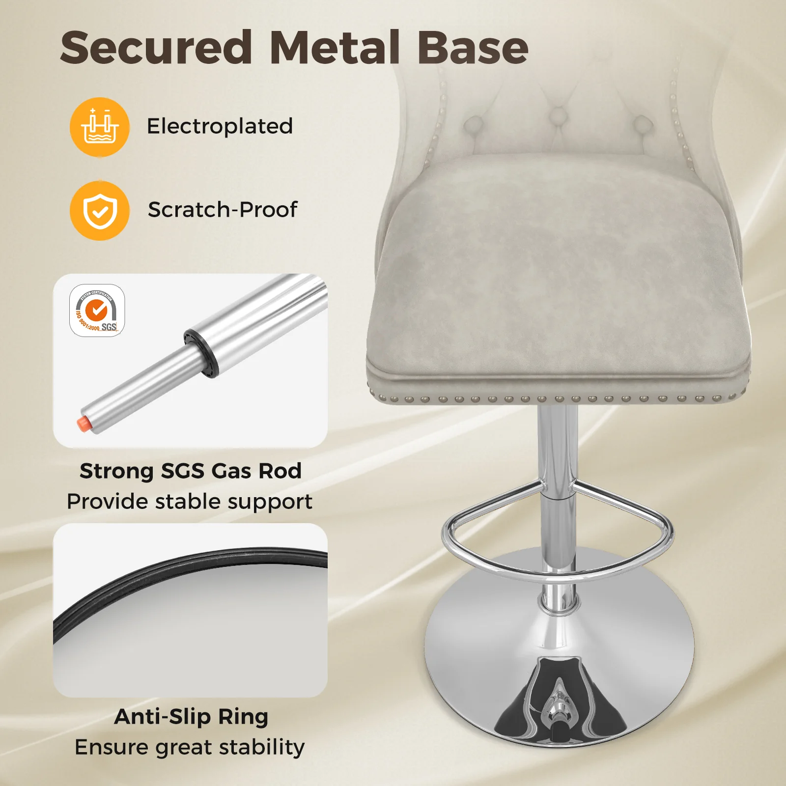 Set Of 2 Bar Chairs With Footrest, Electroplated Metal Base, Gray - Image 10
