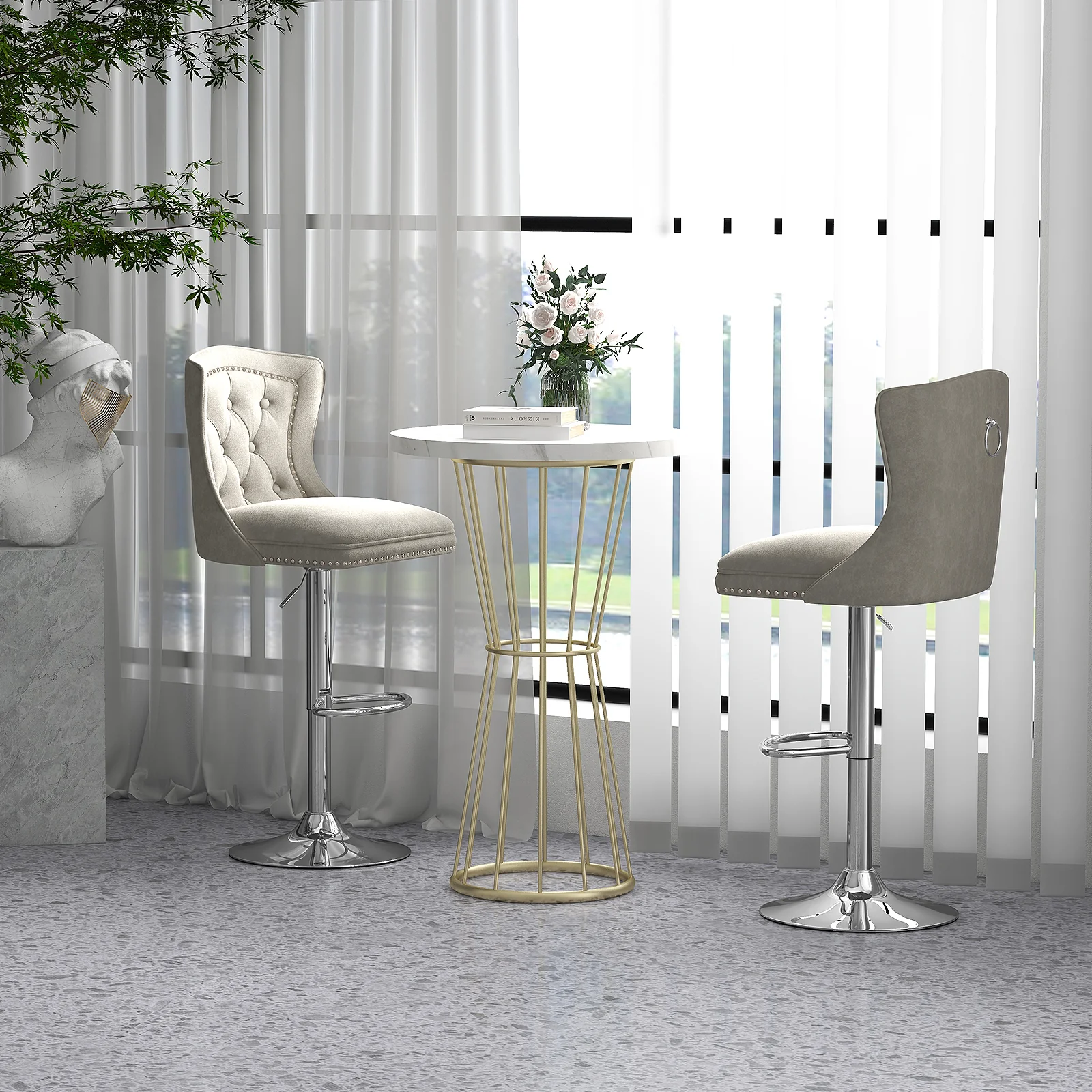 Set Of 2 Bar Chairs With Footrest, Electroplated Metal Base, Gray - Image 2