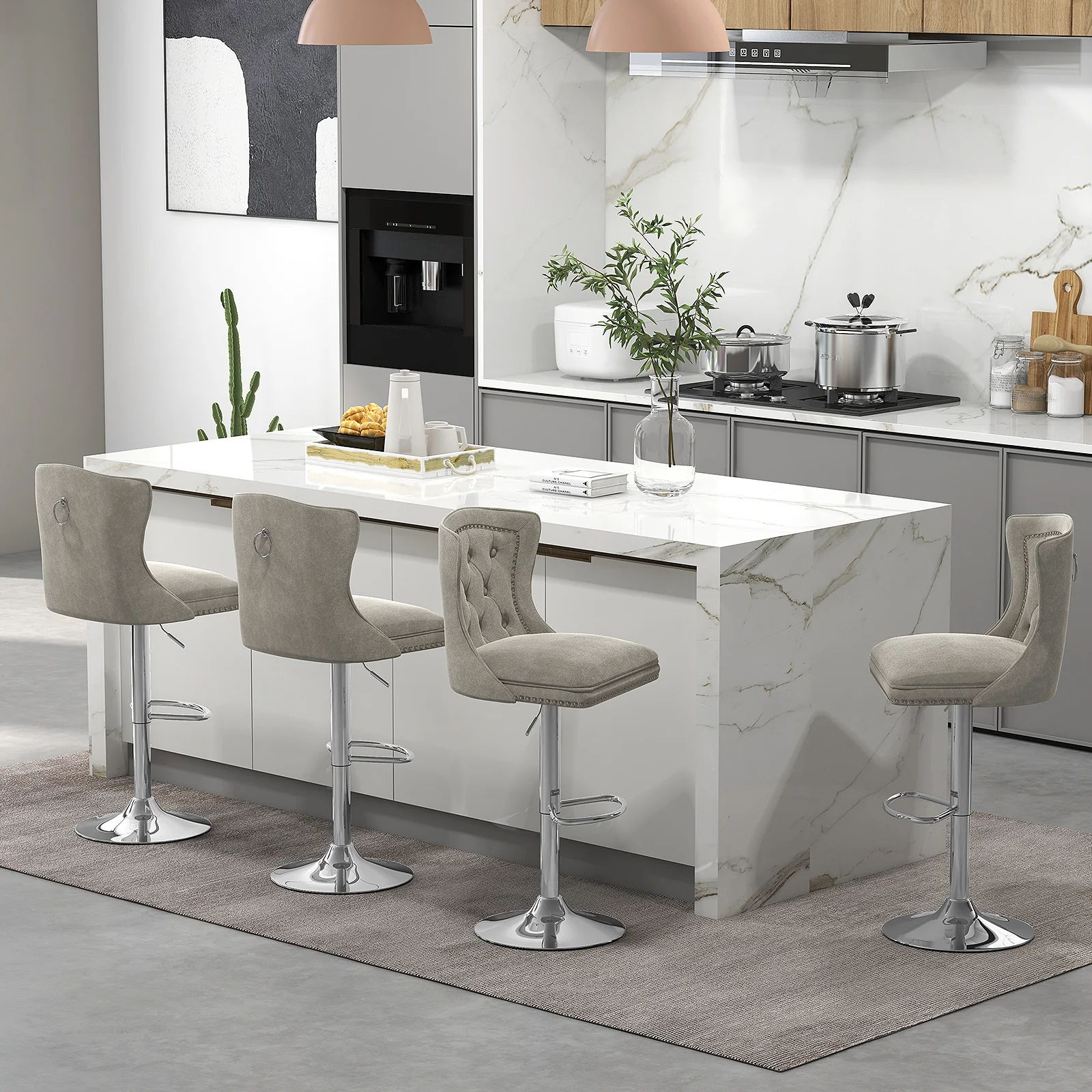Set Of 2 Bar Chairs With Footrest, Electroplated Metal Base, Gray - Image 3