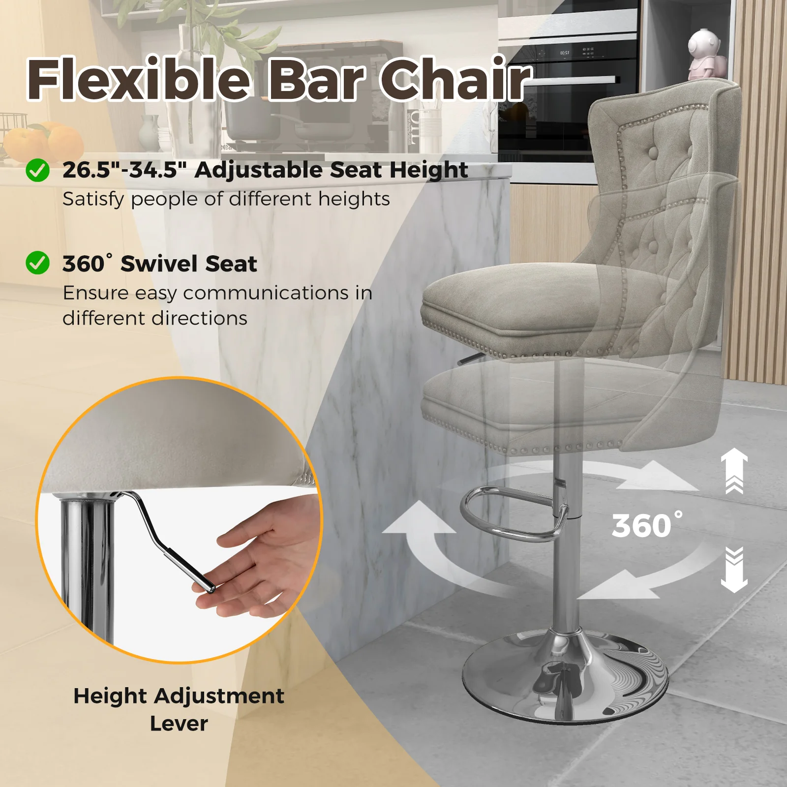 Set Of 2 Bar Chairs With Footrest, Electroplated Metal Base, Gray - Image 6
