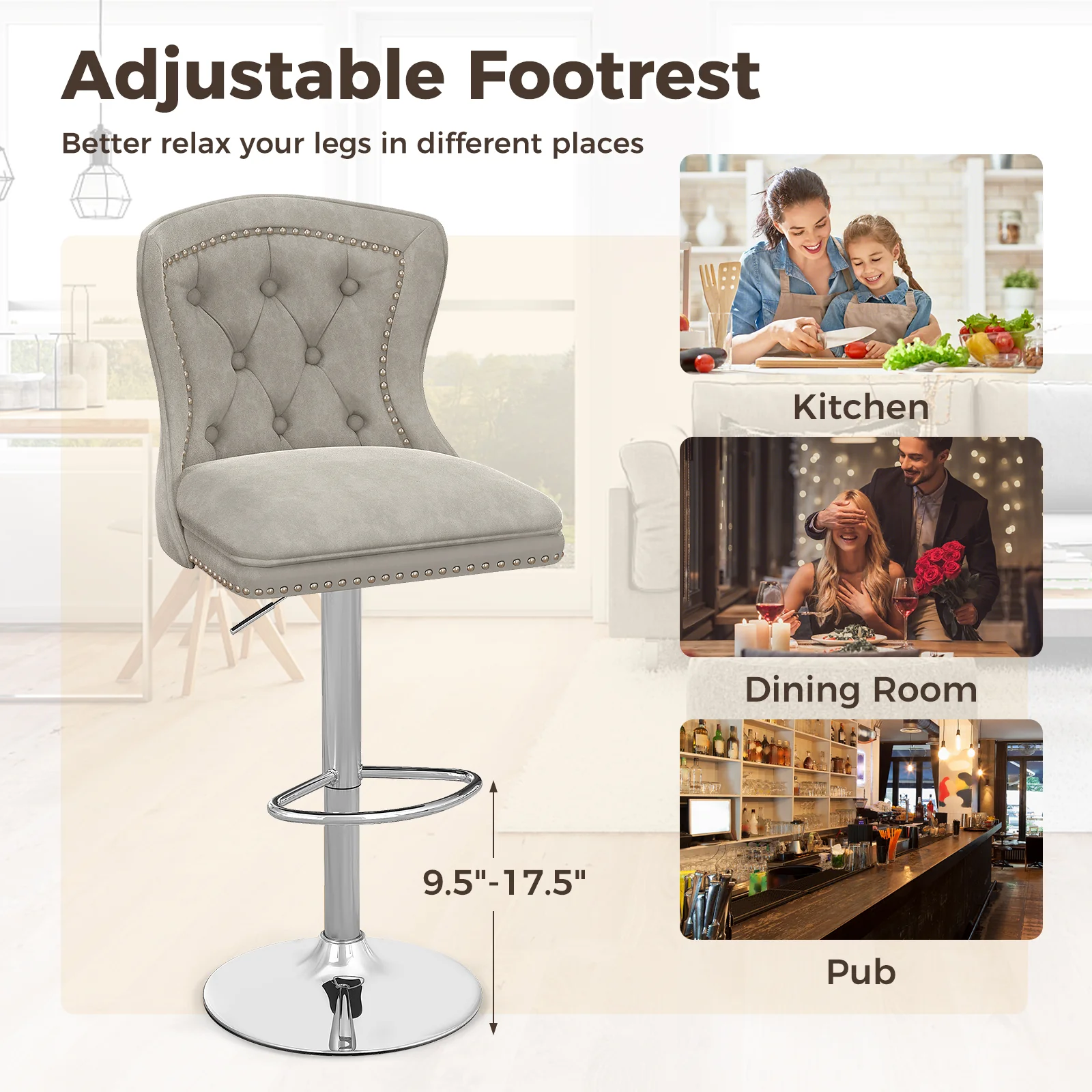 Set Of 2 Bar Chairs With Footrest, Electroplated Metal Base, Gray - Image 9