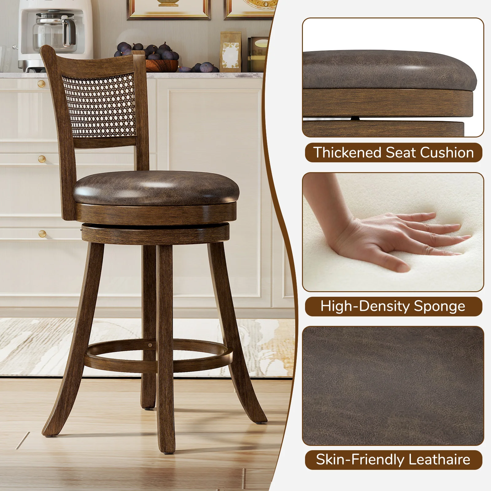 Set of 2 Bar Stools, 25" Swivel Bar Chairs, Brown - Image 10