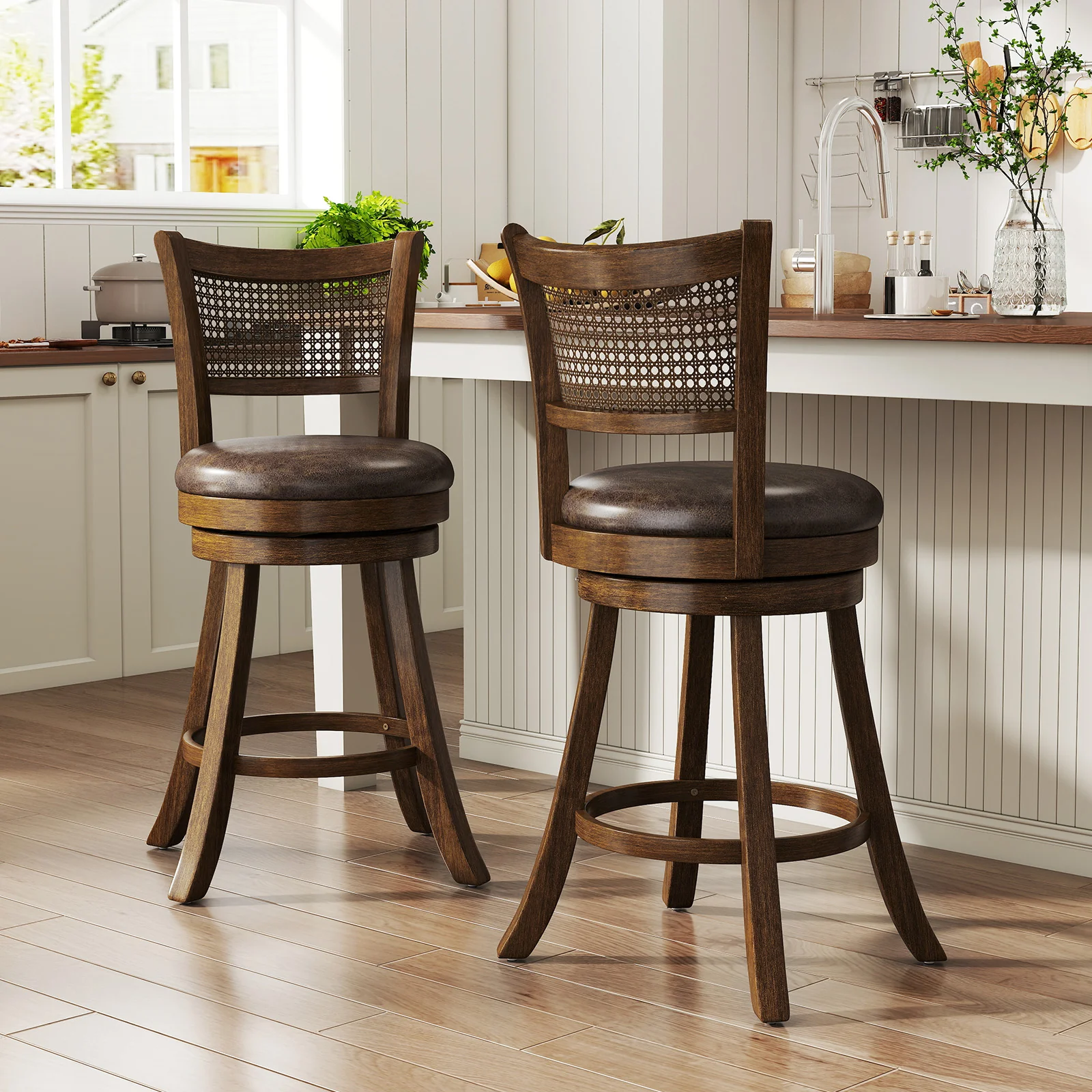 Set of 2 Bar Stools, 25" Swivel Bar Chairs, Brown - Image 2