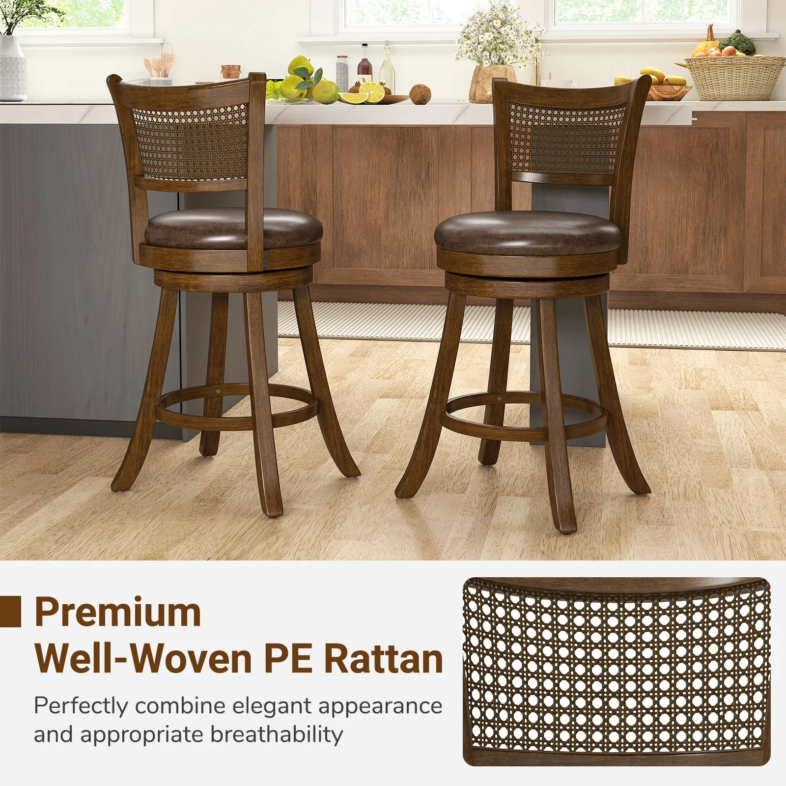 Set of 2 Bar Stools, 25" Swivel Bar Chairs, Brown - Image 7