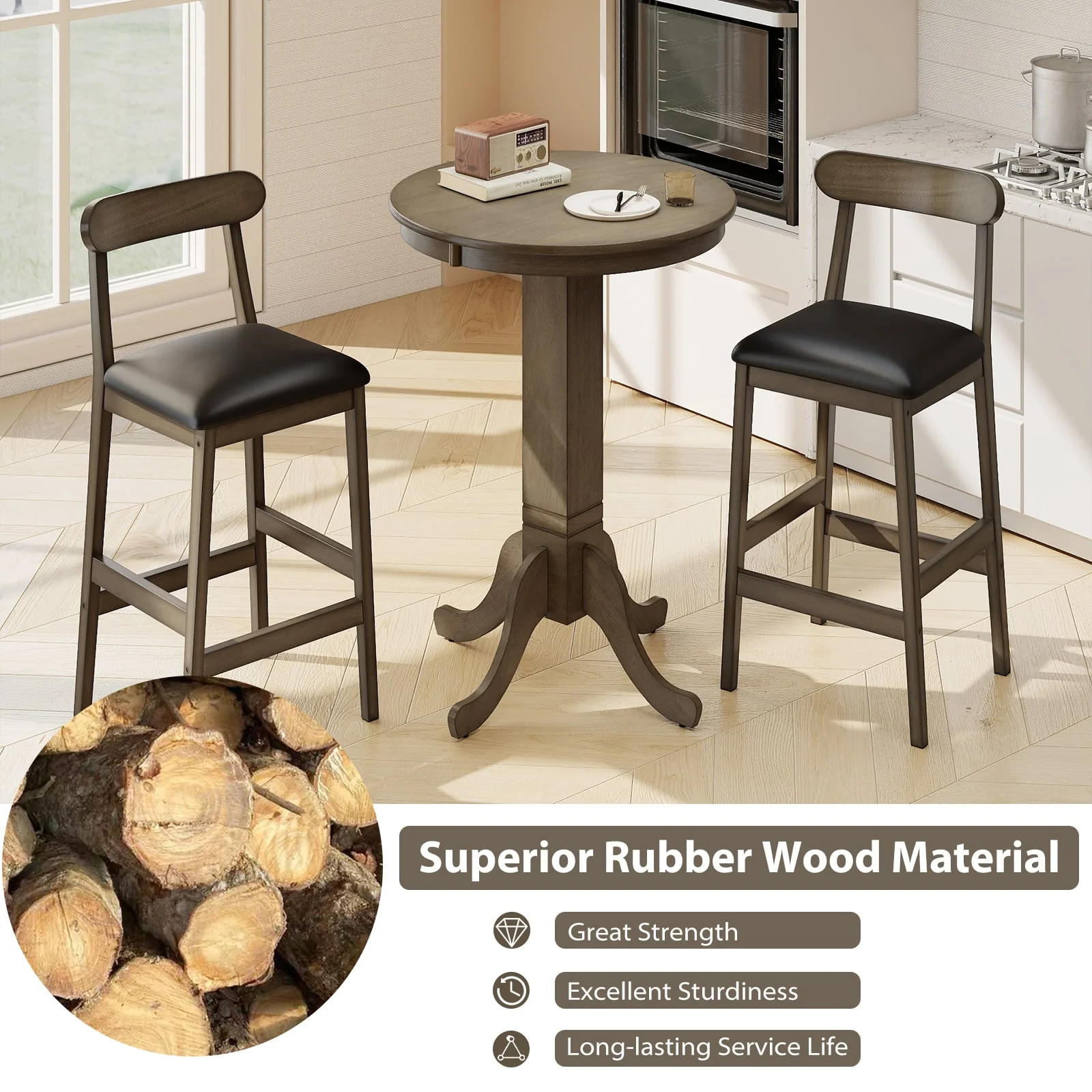 Set of 2 Bar Stools Upholstered with Rubber Wood Legs and Footrests, Oak - Image 5