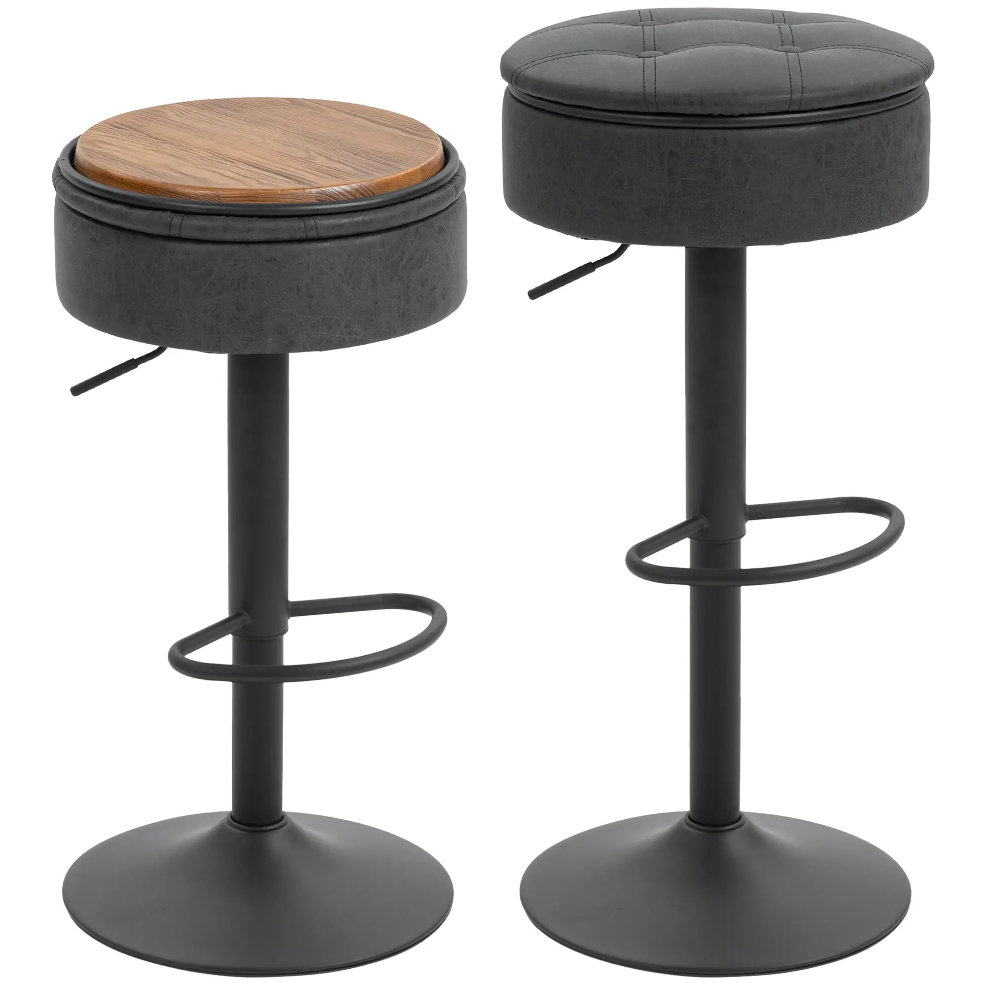 Set of 2 Barstools with Storage, Swivel, PU Leather, Footrest, Steel Base, Black - Image 11