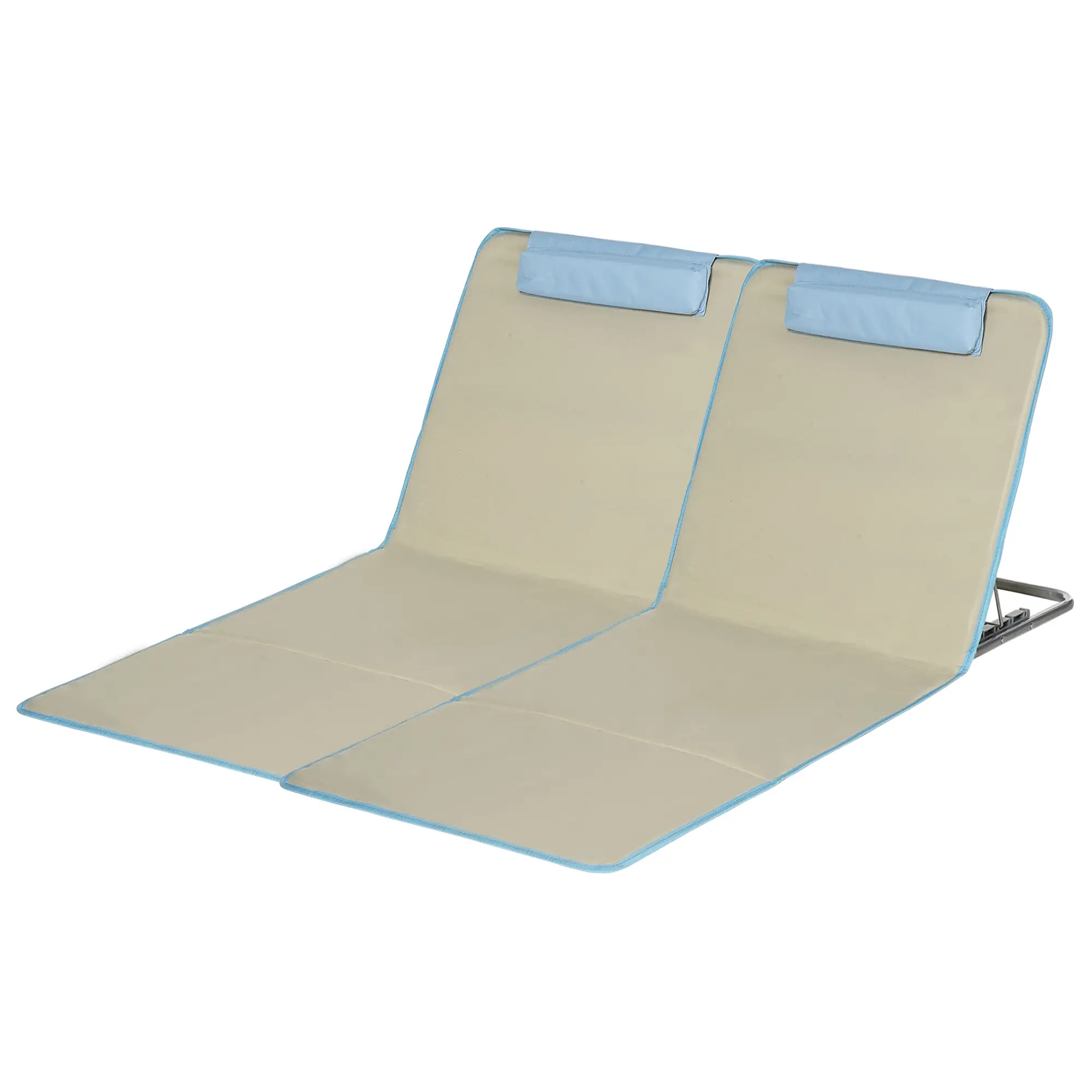 Set of 2 Beach Lounge Chairs, Folding Mat, Adjustable Back, Steel Frame, Beige