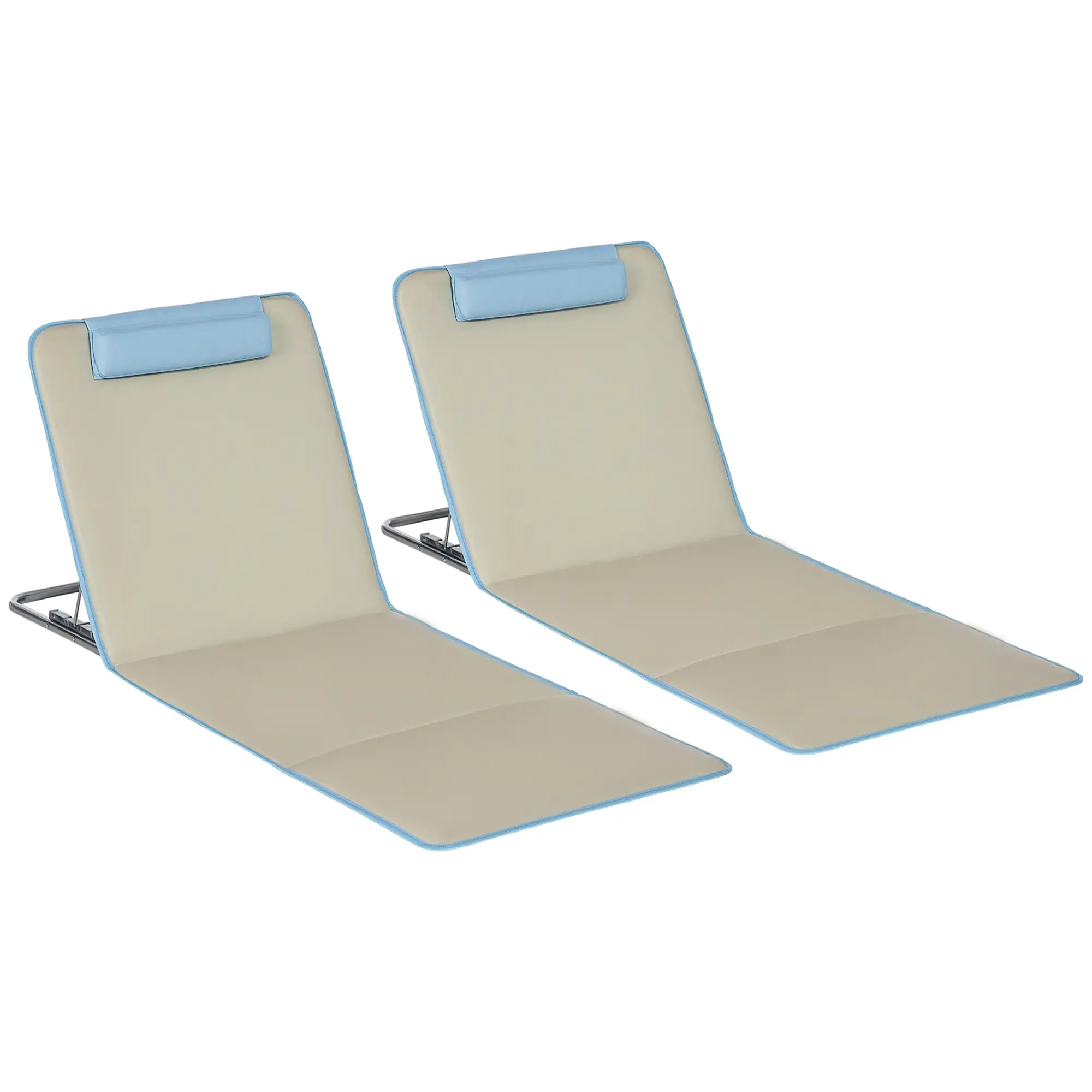 Set of 2 Beach Lounge Chairs, Folding Mat, Adjustable Back, Steel Frame, Beige - Image 11